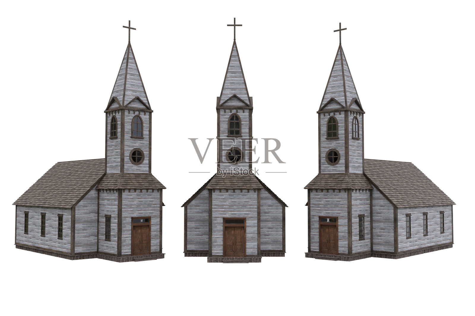 古老狂野的西部木制教堂，钟楼顶上有十字架。三维渲染与3个角度隔离。照片摄影图片