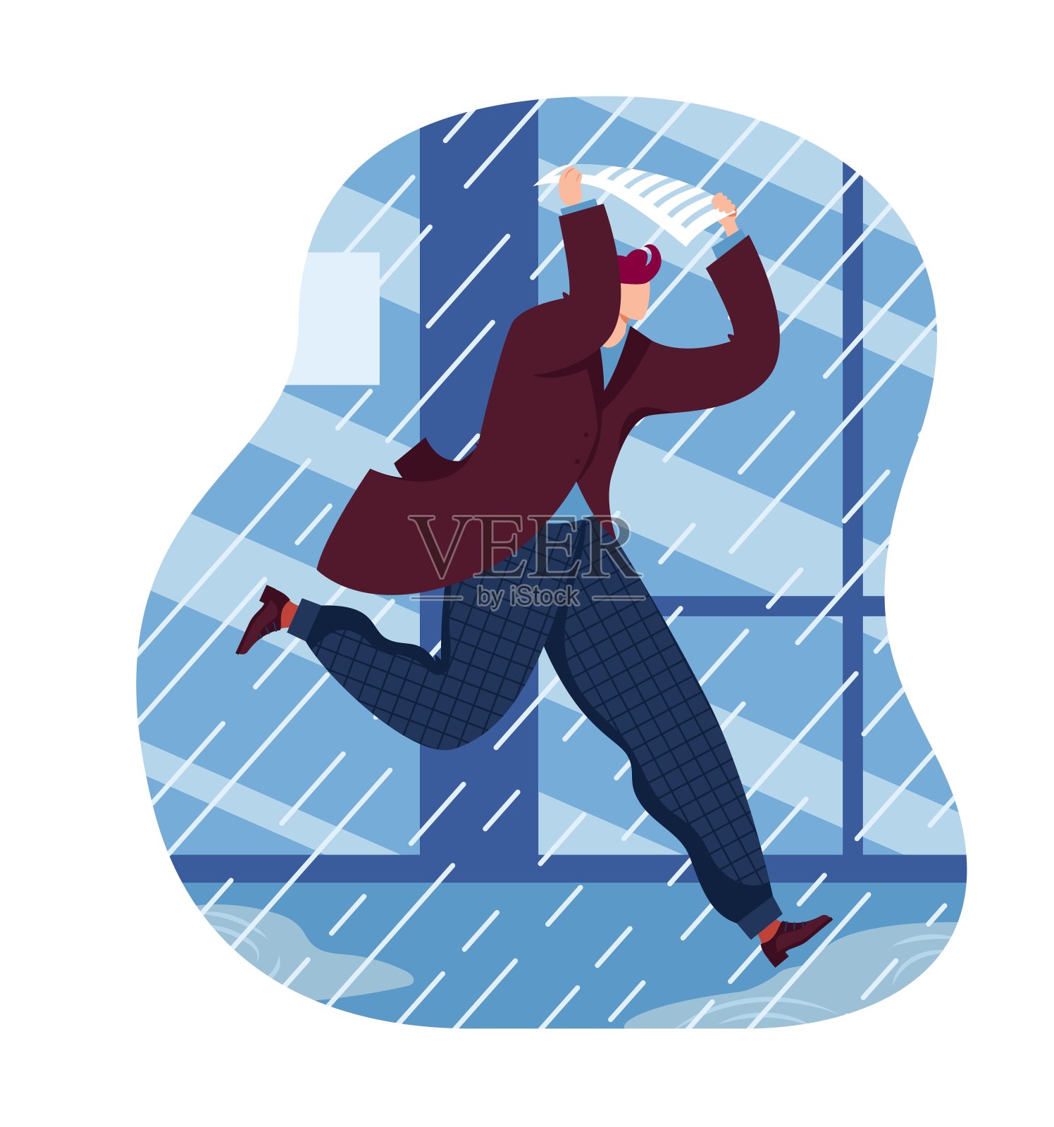 概念人，慢跑的雨天，下雨的天气，潮湿的秋天的人物，成人，设计，在卡通风格的矢量插图。插画图片素材