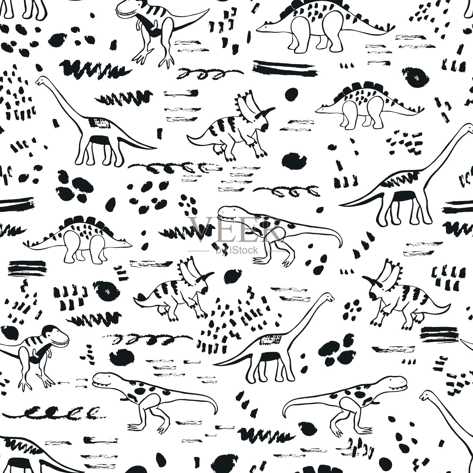 有趣的恐龙涂鸦矢量无缝模式。插画图片素材