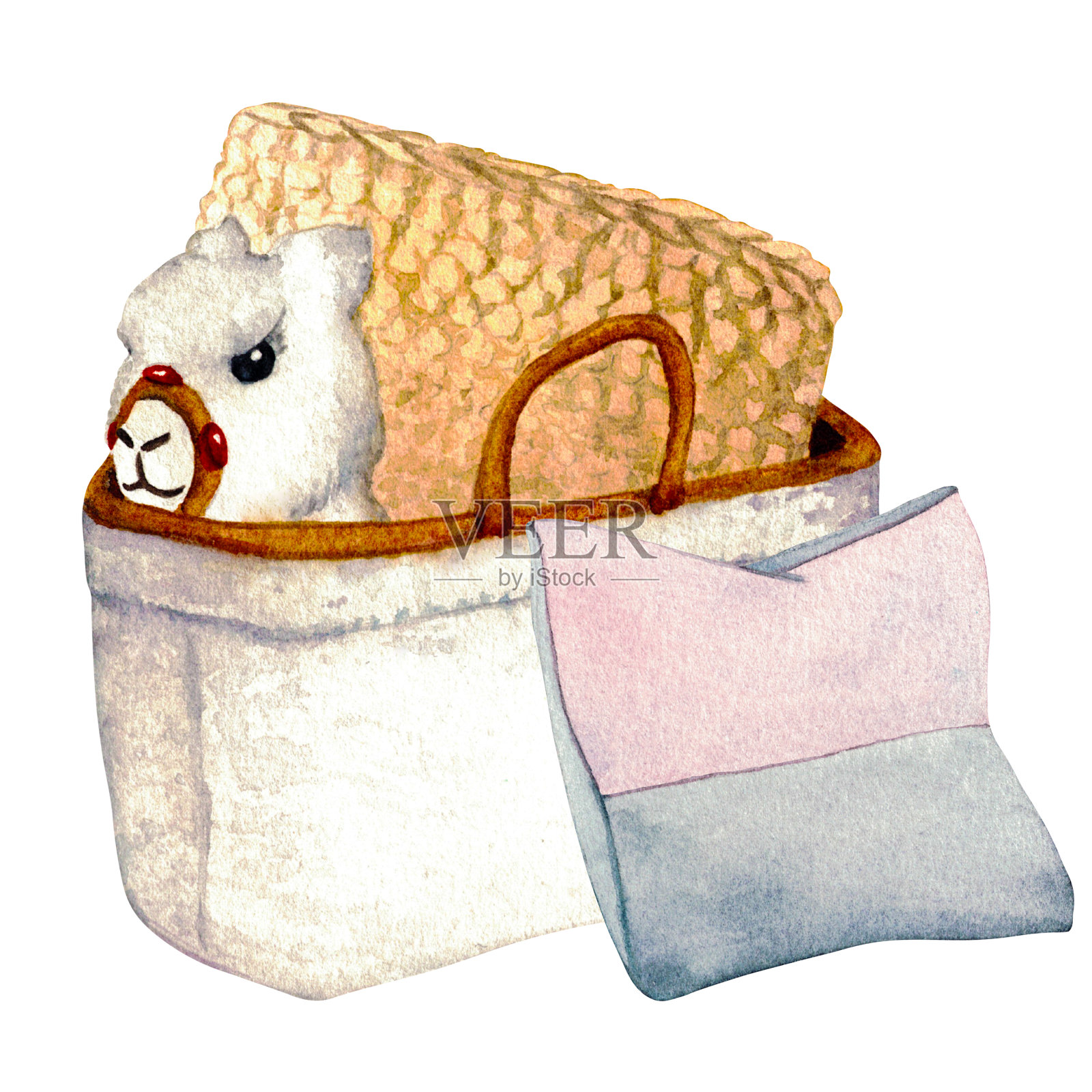 柳条篮子里。玩具喇嘛。带有装饰元素的木质架子。客厅内部水彩插图。剪纸艺术。白色背景上的家居装饰元素。插画图片素材