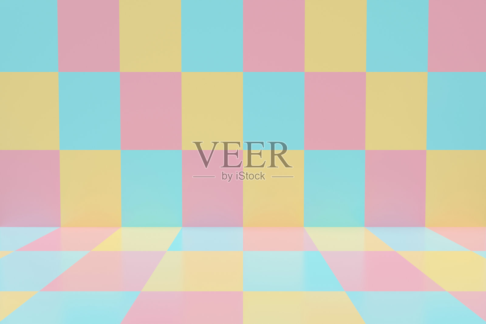 可爱的3d渲染插图的格子图案背景无缝。工作室里空桌子，方形空白背景，色彩柔和的条幅。极具创意的设计。照片摄影图片