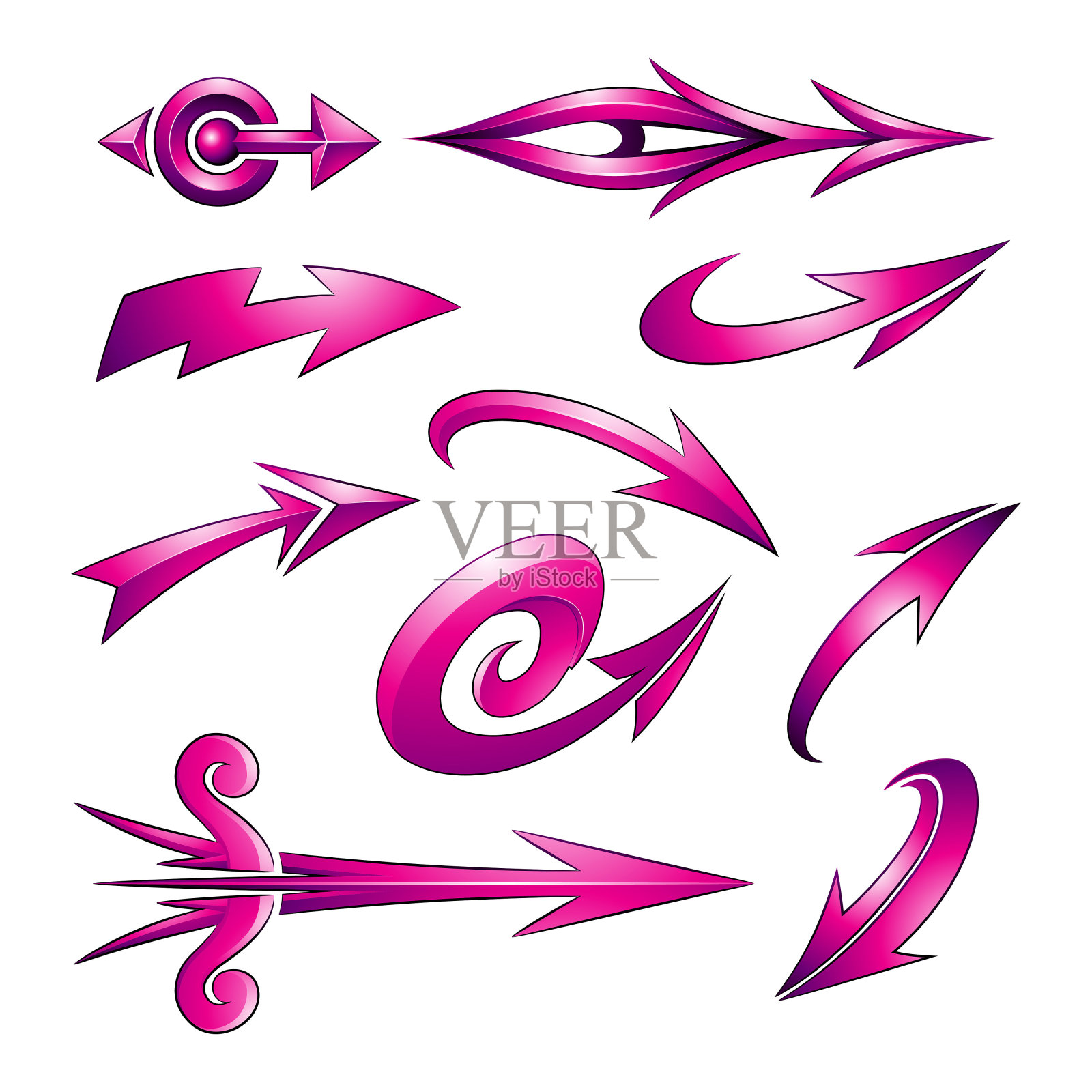 各种形状弯曲品红色箭头插画图片素材