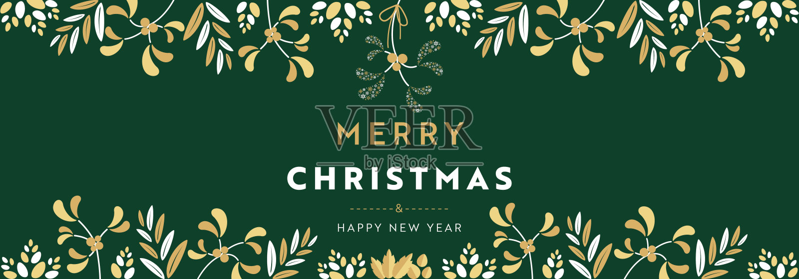 圣诞横幅广告框架模板装饰槲寄生雪花和许多植物(绿色)设计模板素材