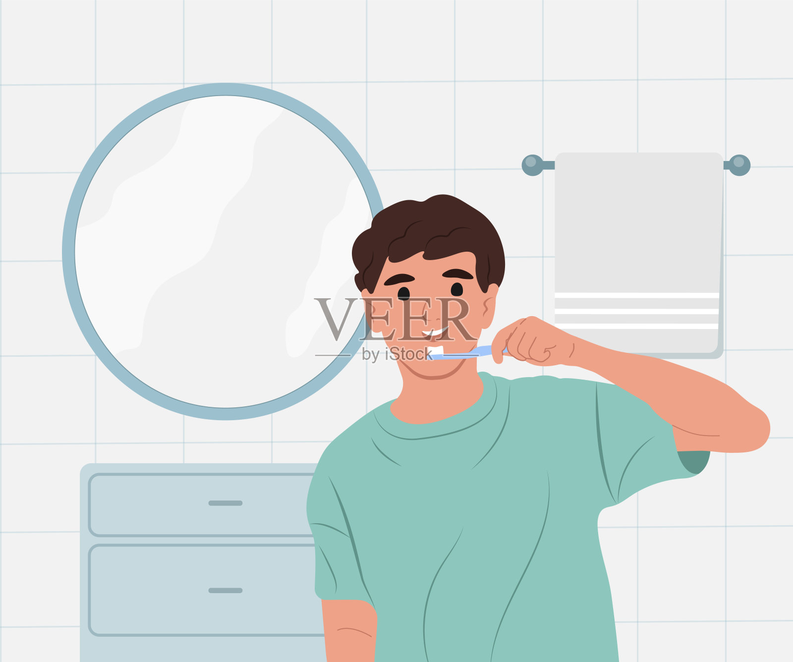 孩子在浴室刷牙。全国儿童牙齿健康月。插画图片素材