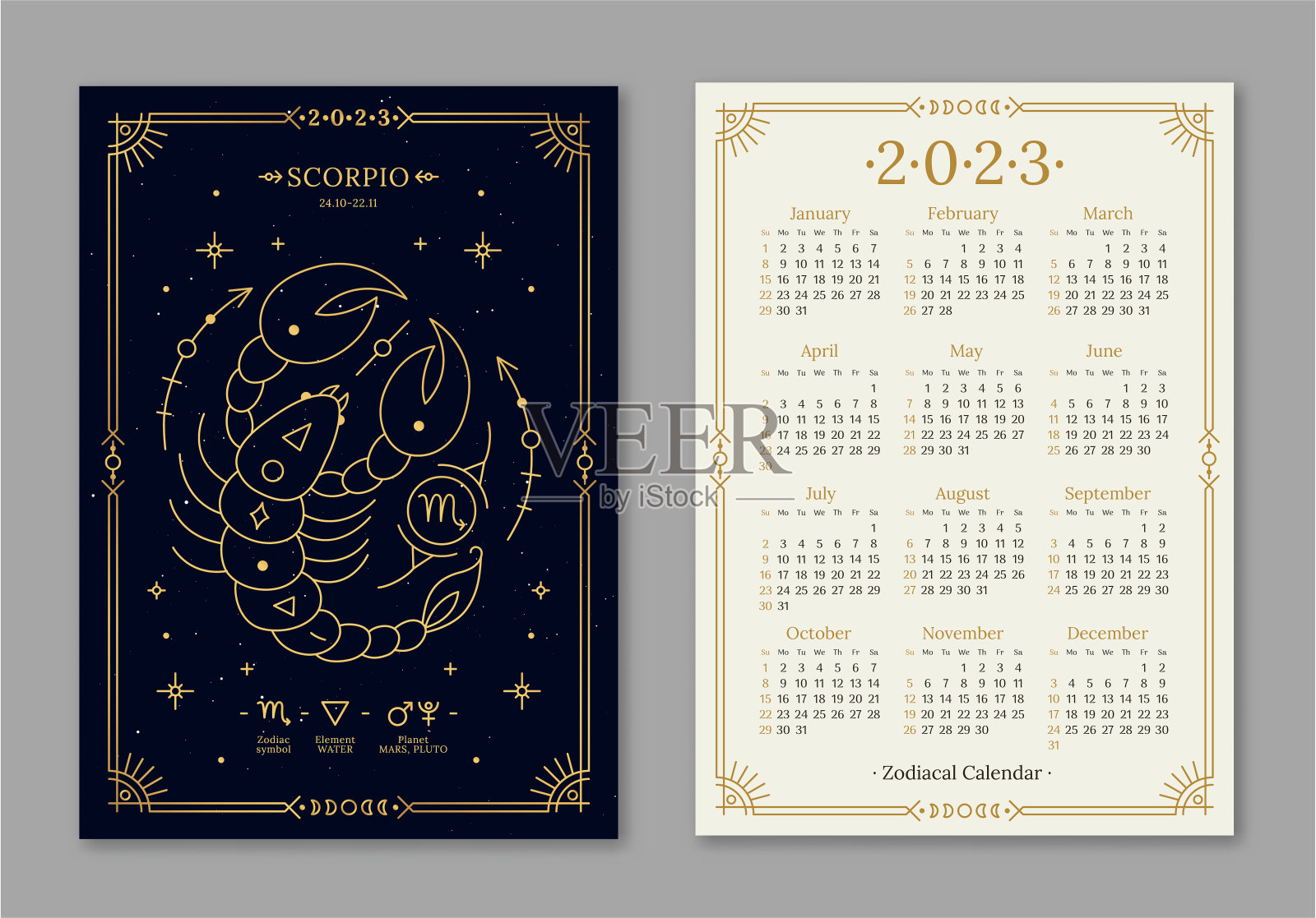 2023年日历模板与天蝎座金色生肖符号设计模板素材