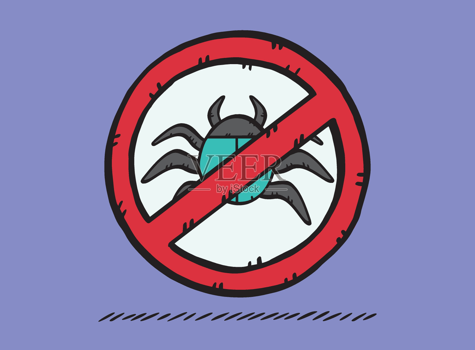 笔记本电脑屏幕上手绘的禁止电脑蠕虫和病毒的标志。此标志表示防病毒程序正在运行。插画图片素材