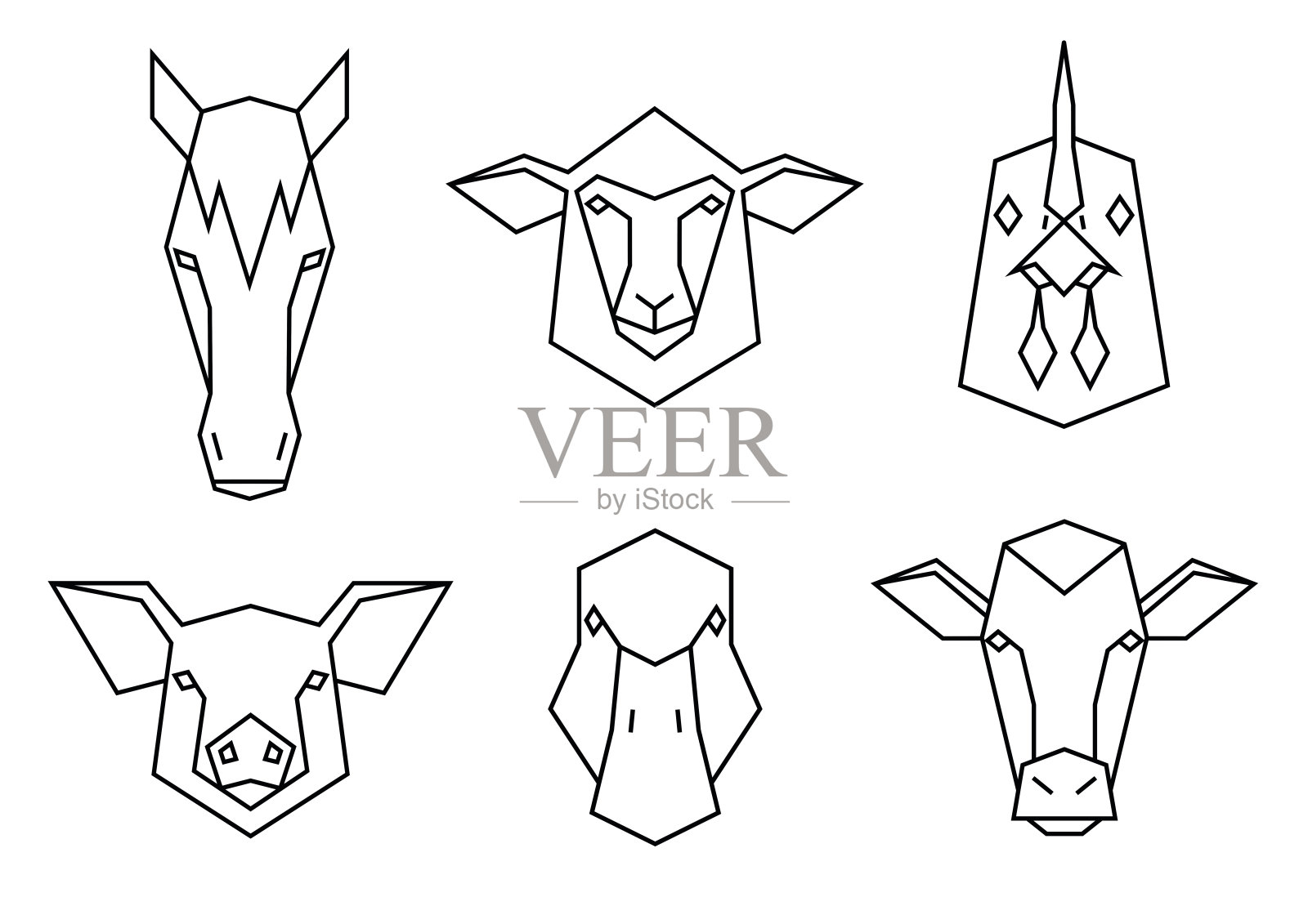 农场动物图标集。马、羊、鸡、猪、鸭和牛的几何头像。线性风格矢量集合插图。插画图片素材