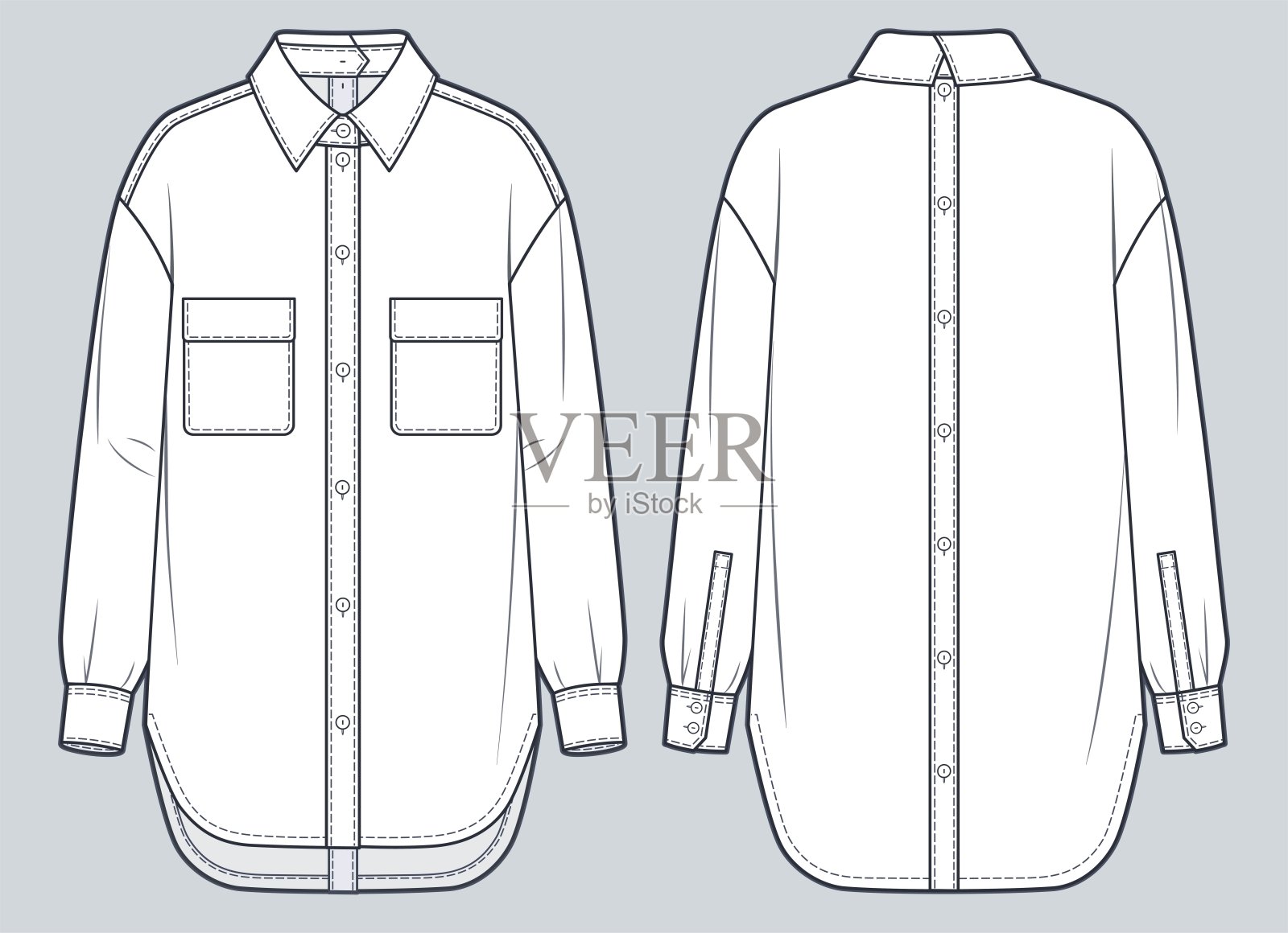 经典衬衫与口袋技术时尚插图。衬衫时尚平面技术图纸模板，纽扣关闭前后，袖口长袖，前后视图，白色，女性，男性，男女通用的CAD模型。插画图片素材
