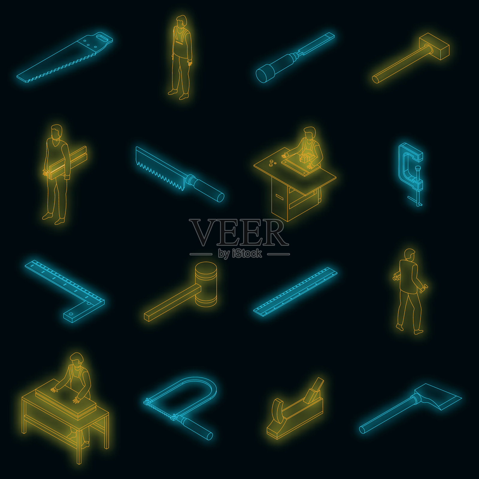 木匠图标设置矢量霓虹灯插画图片素材