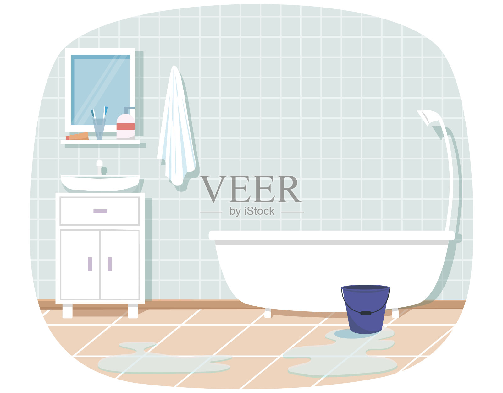 家庭内部。浴室里有蓝色背景的白色家具。浴缸，水槽，镜子，架子插画图片素材