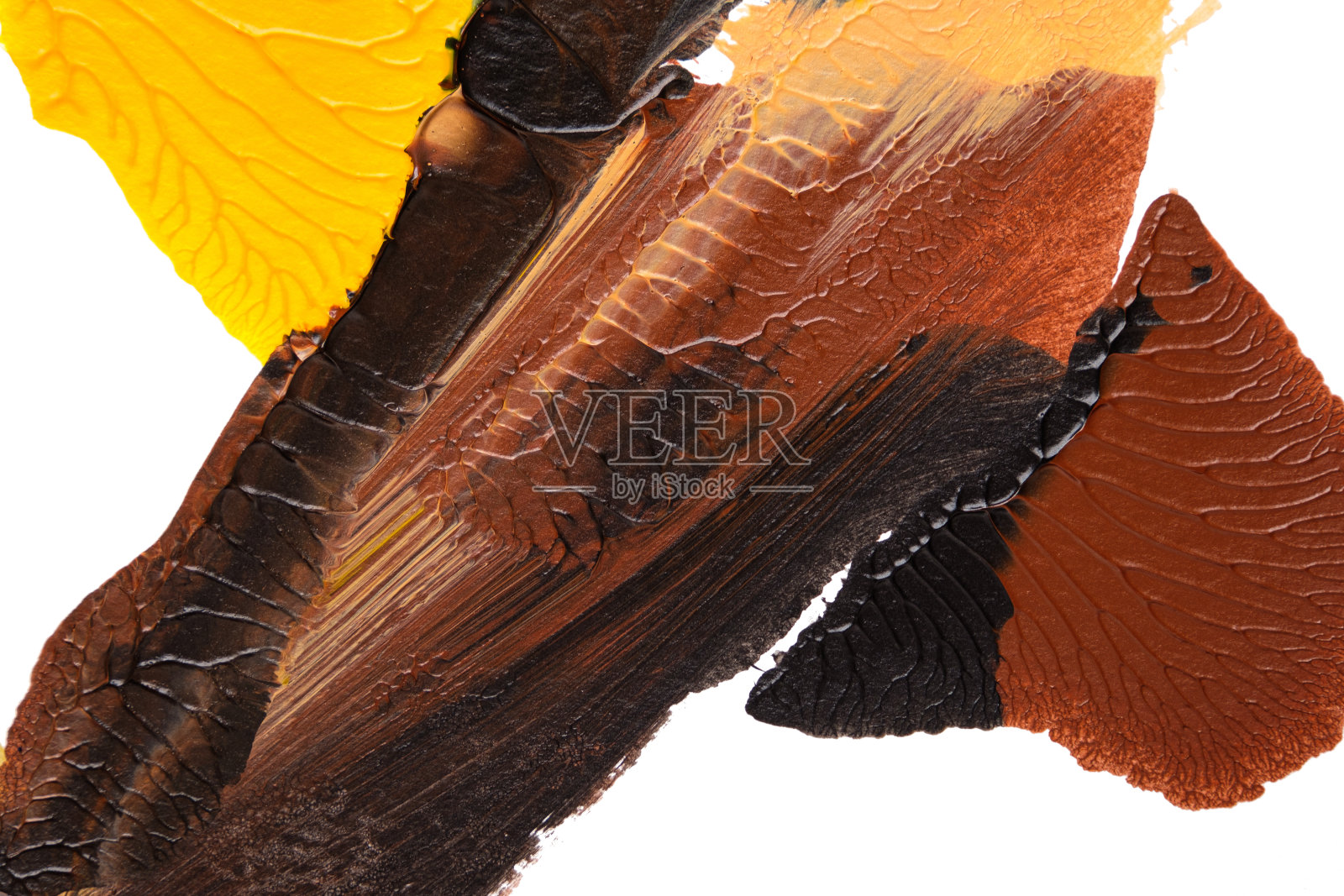 采用罗夏墨渍法在白纸背景上画出棕黄色的抽象丙烯颜料照片摄影图片