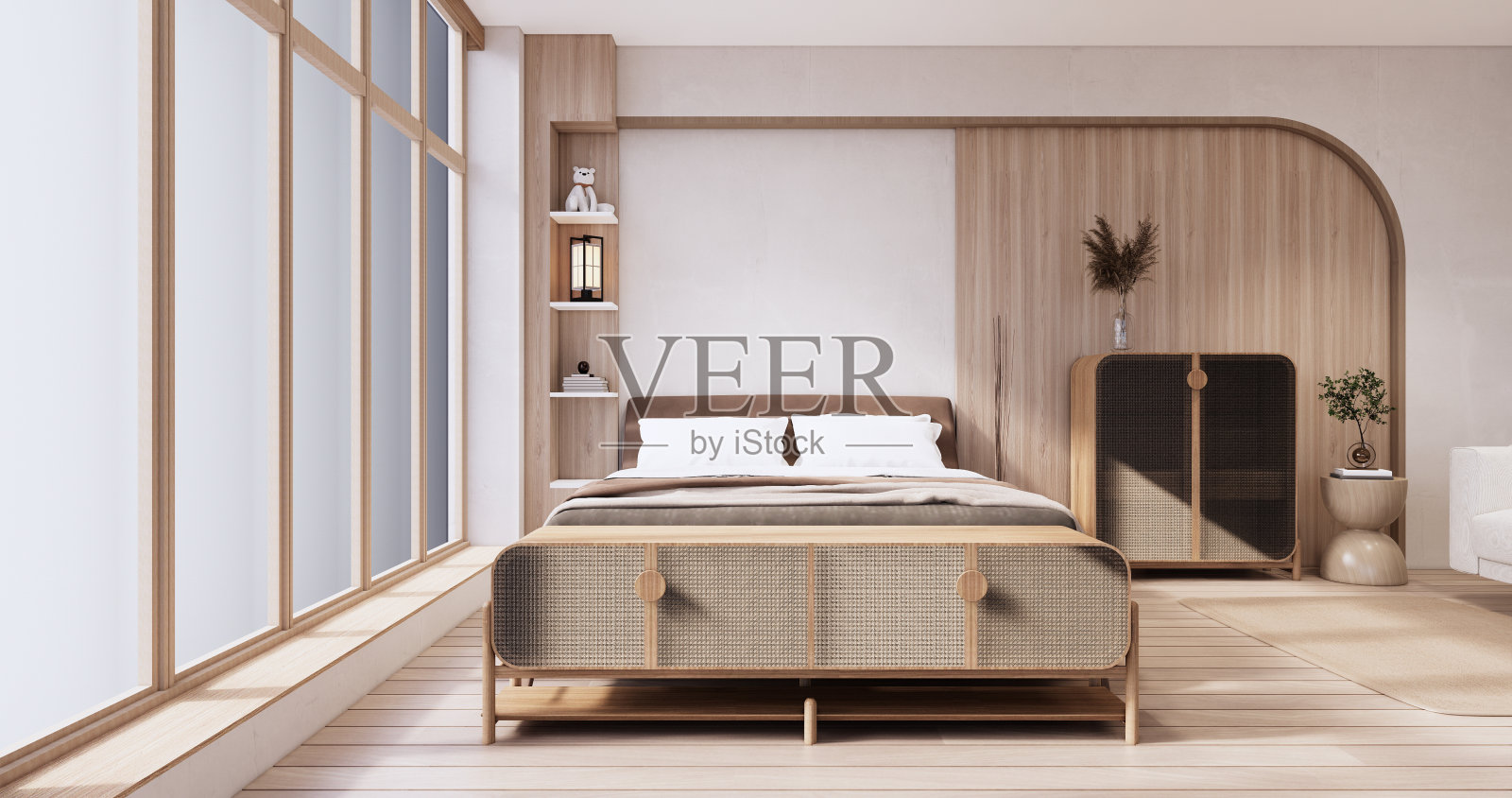 无印良品风格，空木质房间，清洁日式房间内部。照片摄影图片