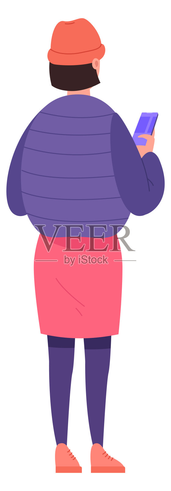 年轻女子在冬装拿着智能手机后视图隔离在白色设计元素图片