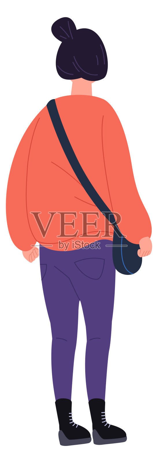 年轻女子的后视图。学生在户外的衣服隔离在白色上设计元素图片