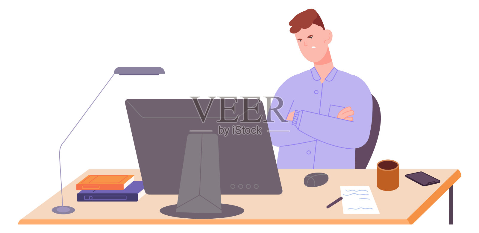 疲惫的人在电脑工作场所。工作问题压力插画图片素材