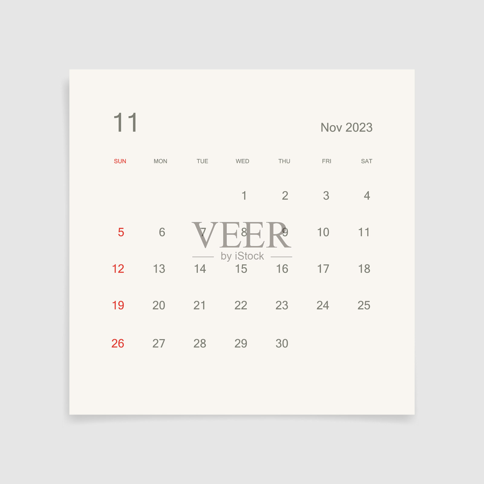 2023年11月日历页白色背景。日历背景提醒，业务计划，约会会议和事件。一周从星期天开始。向量。插画图片素材