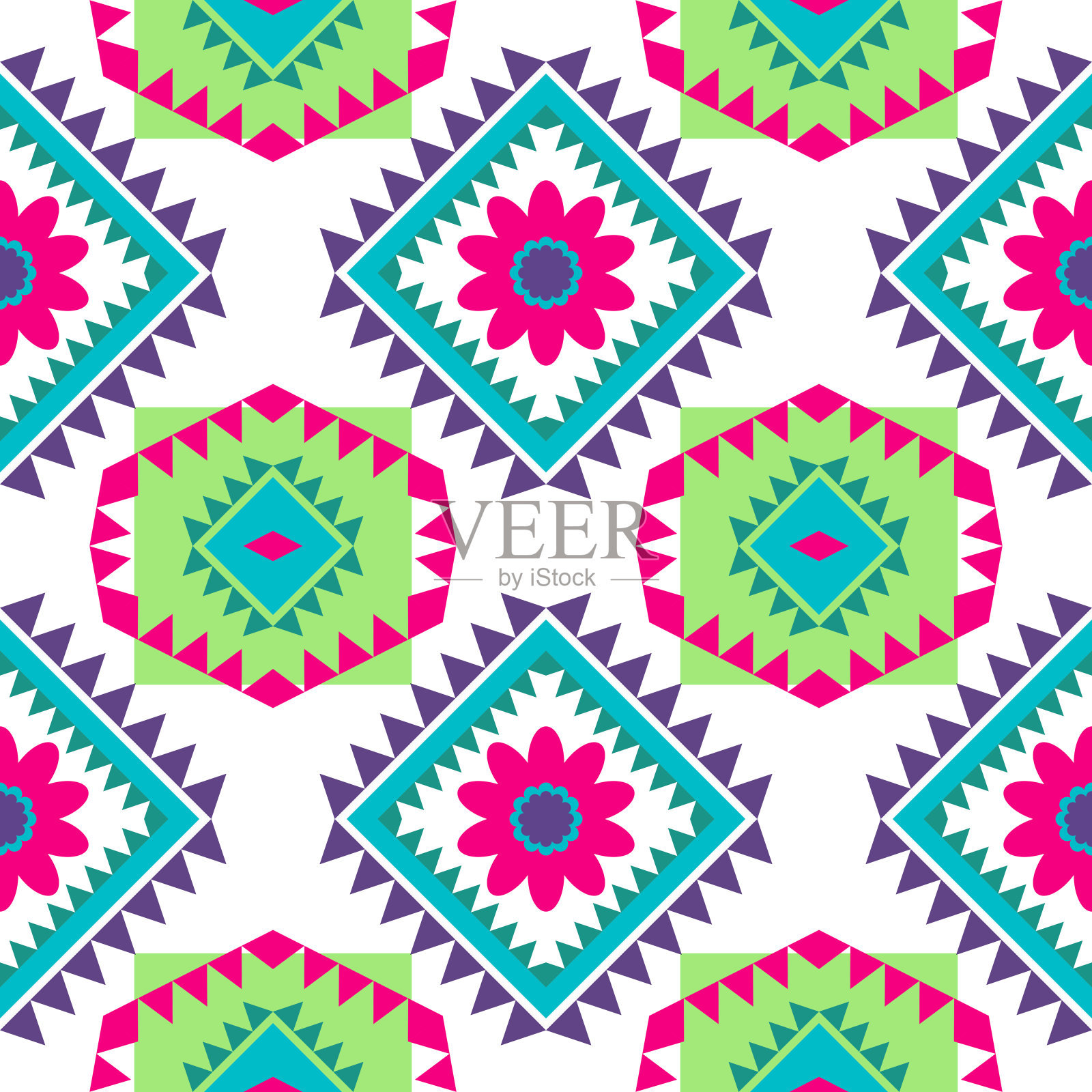 几何民族图案以方形三角形对角线抽象点缀设计，适用于服装面料纺织印花、手工刺绣、地毯、窗帘、蜡染、墙纸包装、矢量无缝插画图片素材