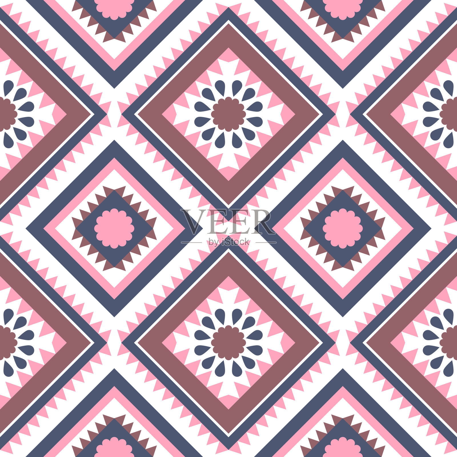 几何民族图案以方形三角形对角线抽象点缀设计，适用于服装面料纺织印花、手工刺绣、地毯、窗帘、蜡染、墙纸包装、矢量无缝插画图片素材