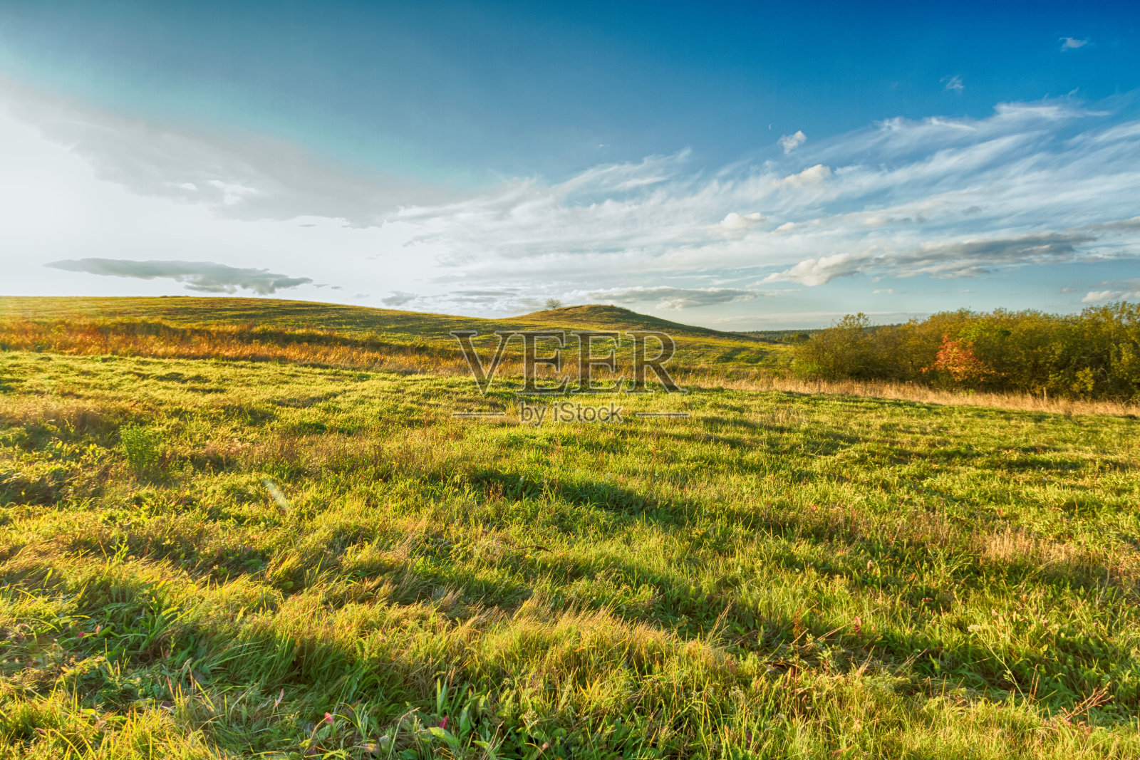 风景秋天有五颜六色的树木，秋天波兰，欧洲和惊人的蓝天与云，晴天照片摄影图片