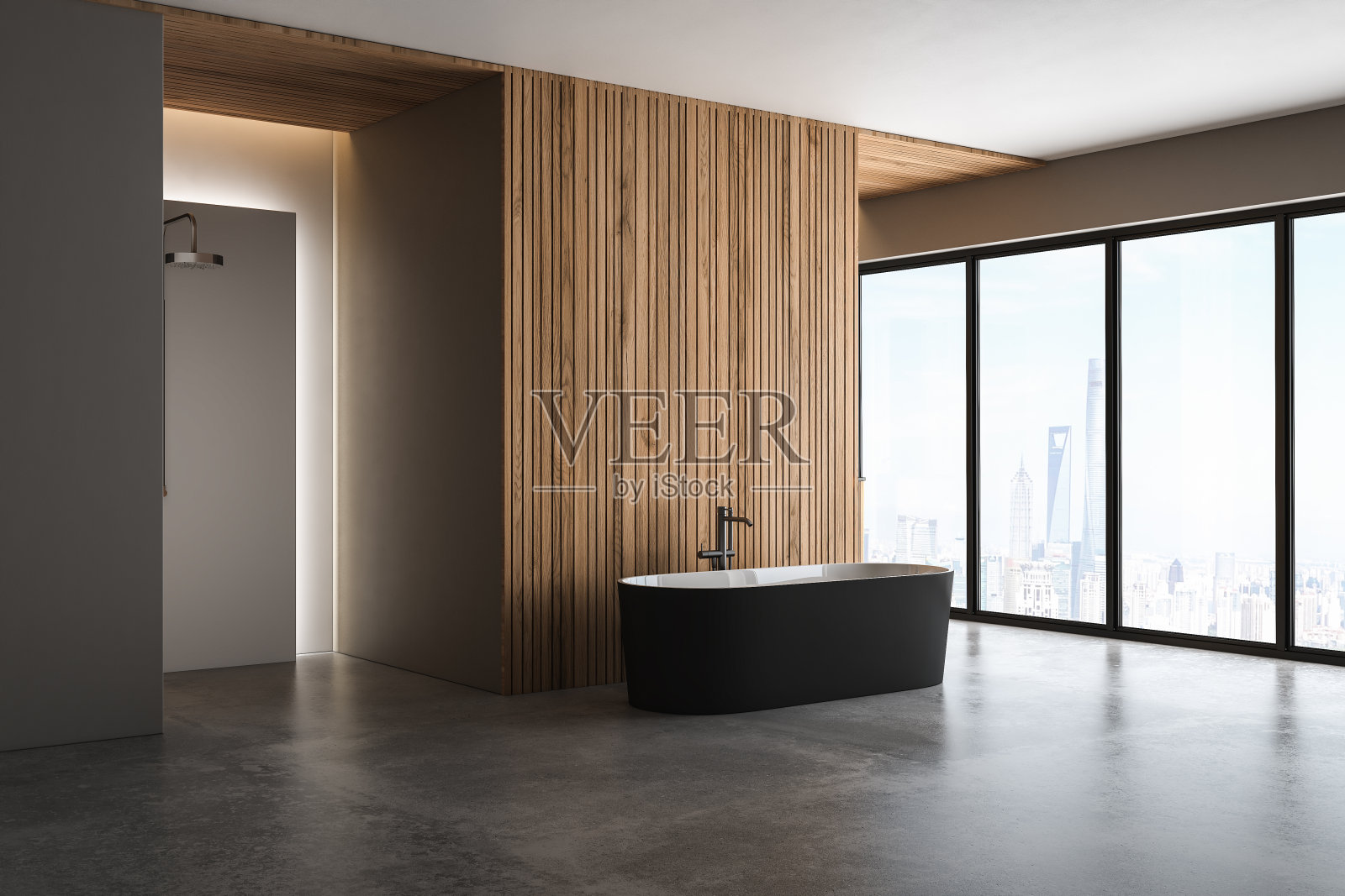 现代浴室内饰，混凝土地板，黑白浴缸和双盆，淋浴，木墙，从窗户可以看到植物和城市景观。极简主义的浴室与现代家具。三维渲染照片摄影图片