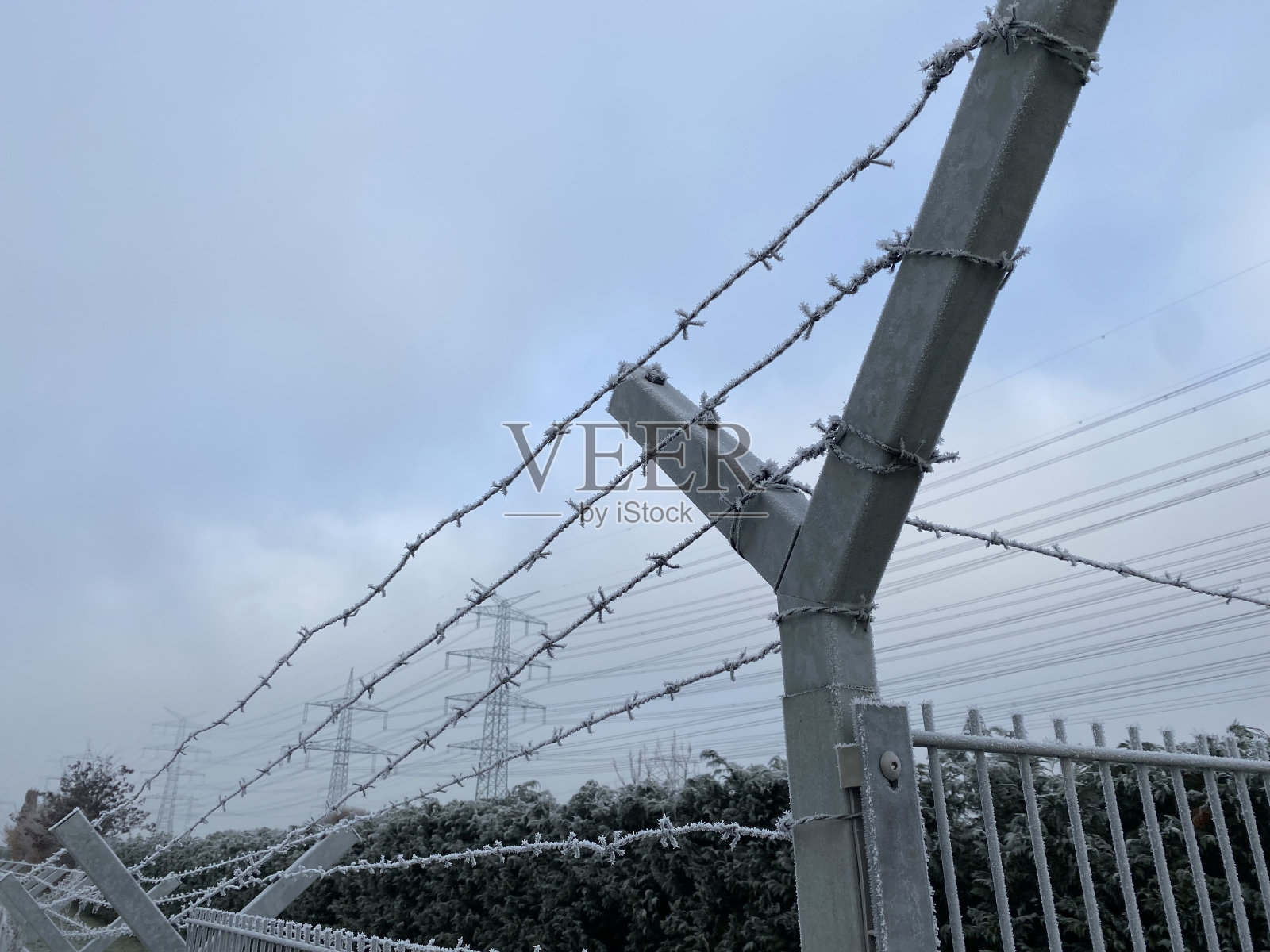 边境栅栏上的冰霜水晶照片摄影图片
