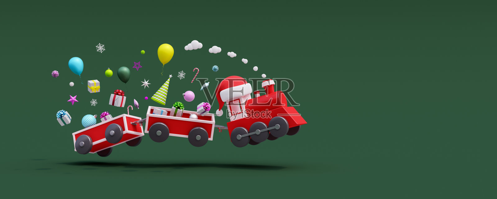 火车和马车在绿色背景上跳跃着礼物和圣诞装饰品。假期交付概念3D渲染照片摄影图片
