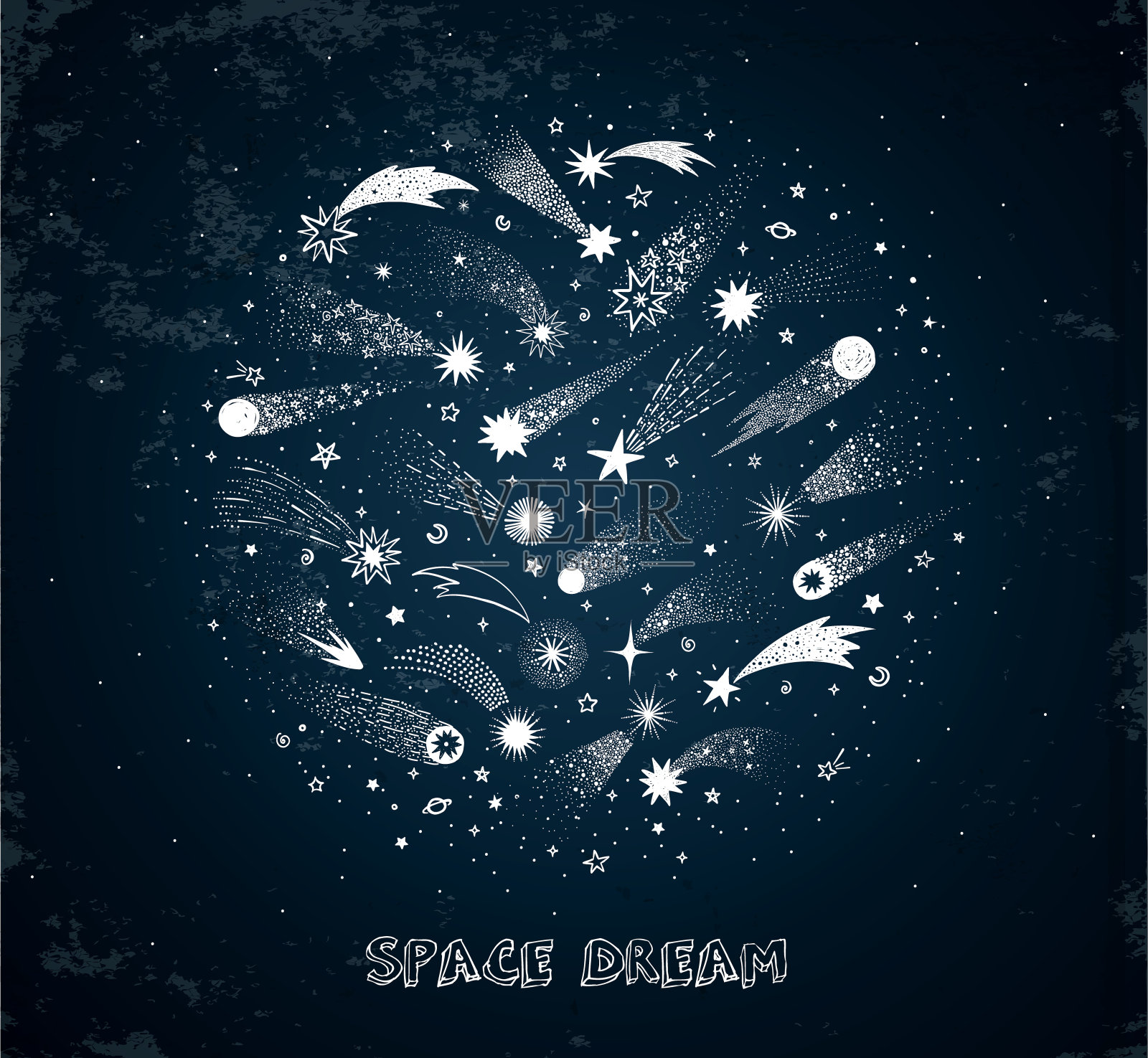 在深蓝色的天空背景上涂鸦空间和流星圈。矢量示意图。插画图片素材