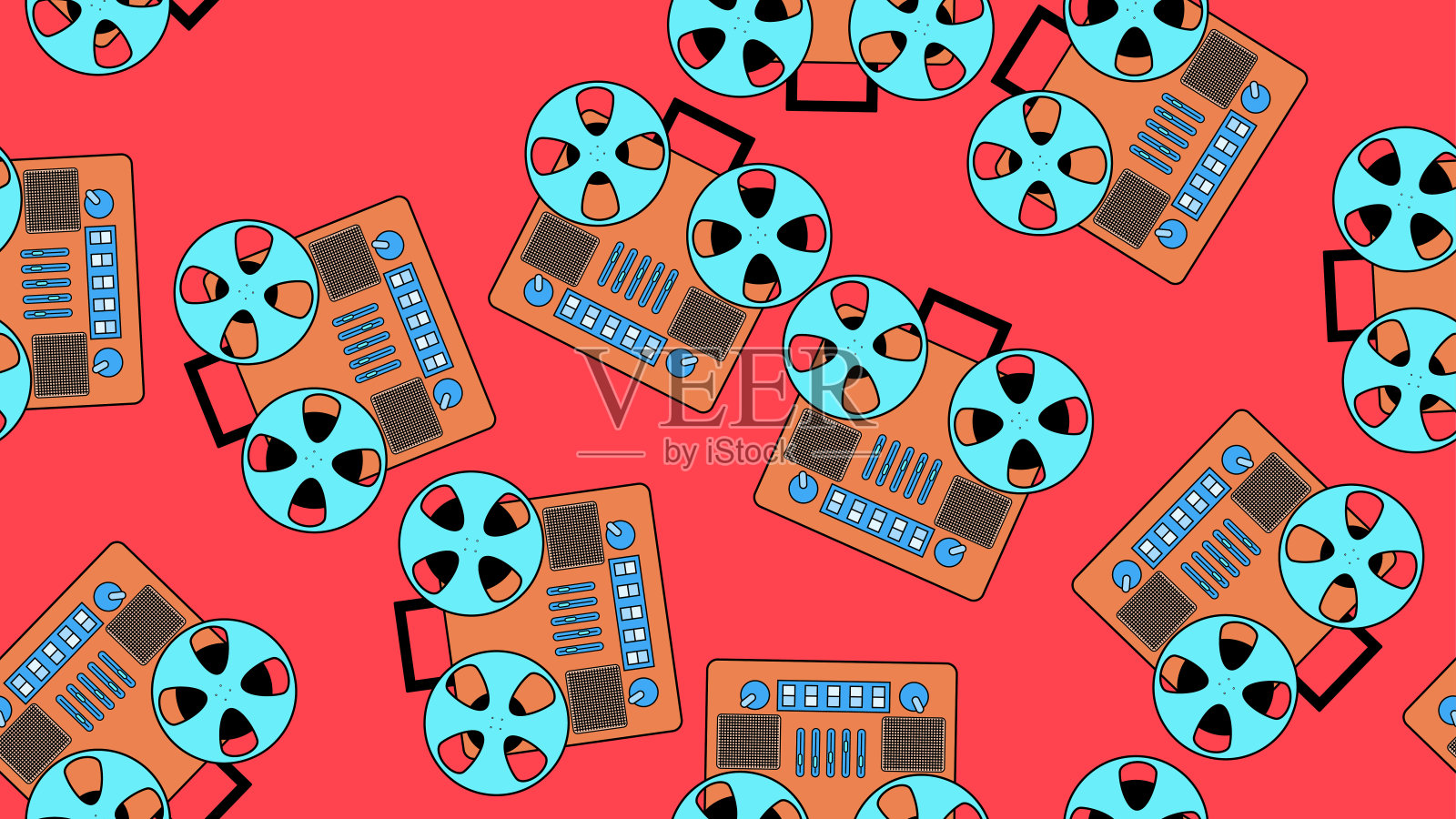 无缝模式无穷无尽的音乐音频卡带老式复古录音机复古潮从70年代，80年代，90年代隔离在红色背景。矢量图插画图片素材