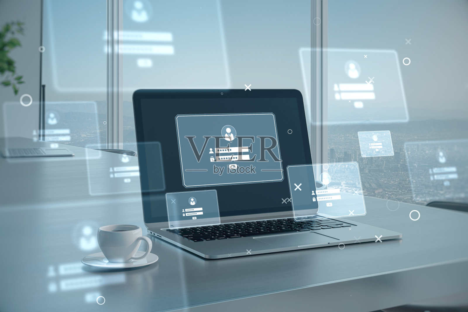 在模糊的办公室背景上，用笔记本电脑显示器、咖啡杯和登录细节全息图特写工作场所。密码，商业页面，互联网和技术概念。双重曝光。照片摄影图片