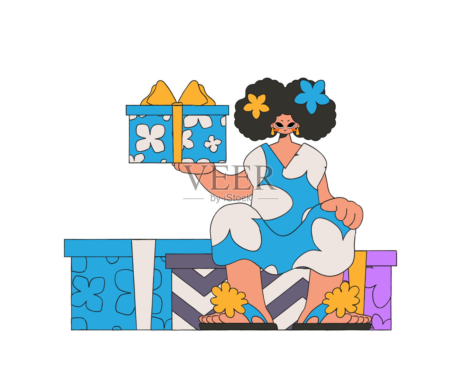 这个女孩手里拿着两件礼物。一个女人坐在礼品盒上。节日惊喜概念。90年代的风格。插画图片素材