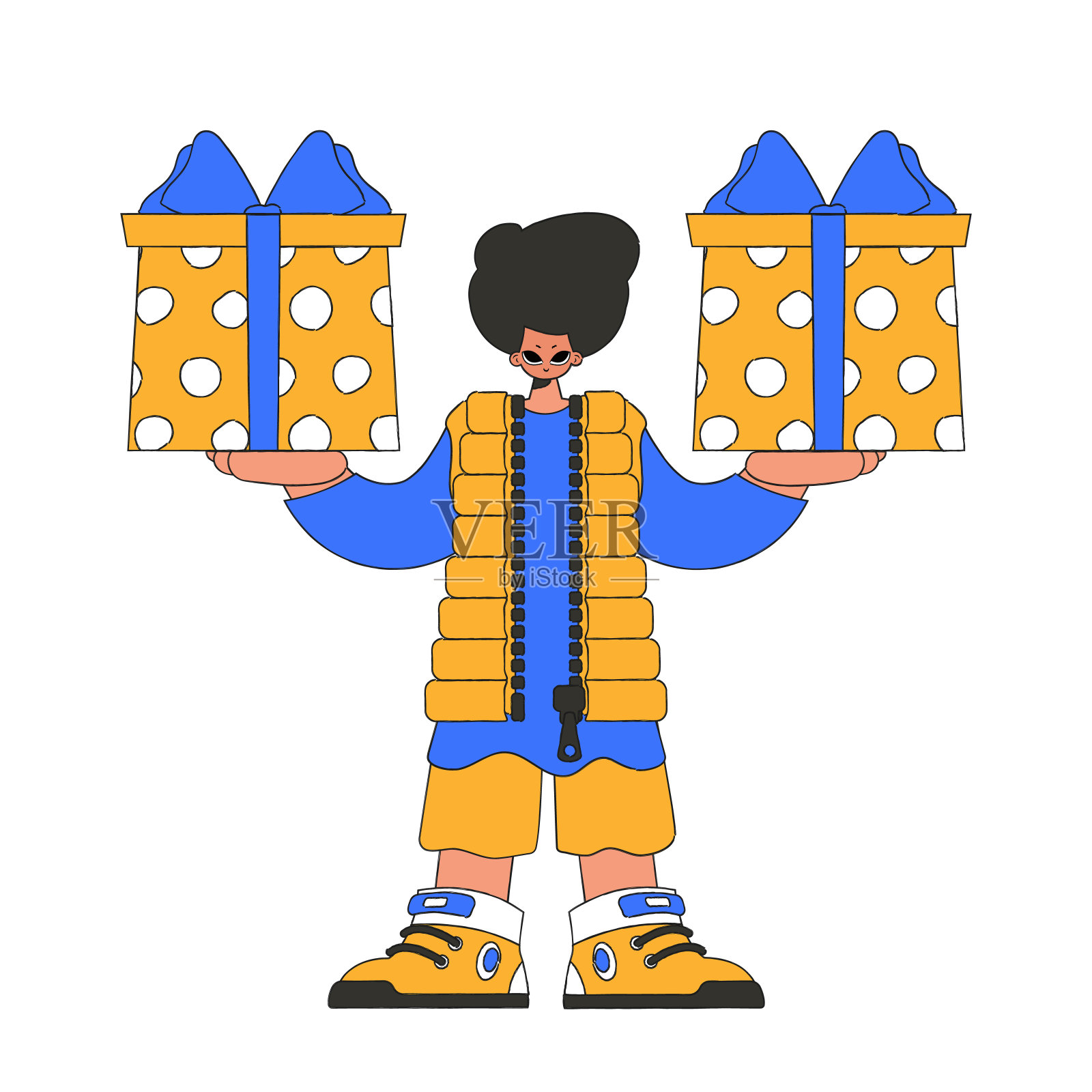 那个人手里拿着两件礼物。节日惊喜概念。90年代风格的人物。插画图片素材