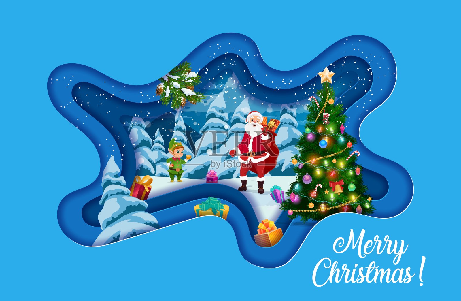 圣诞剪纸横幅上有圣诞老人，松树插画图片素材