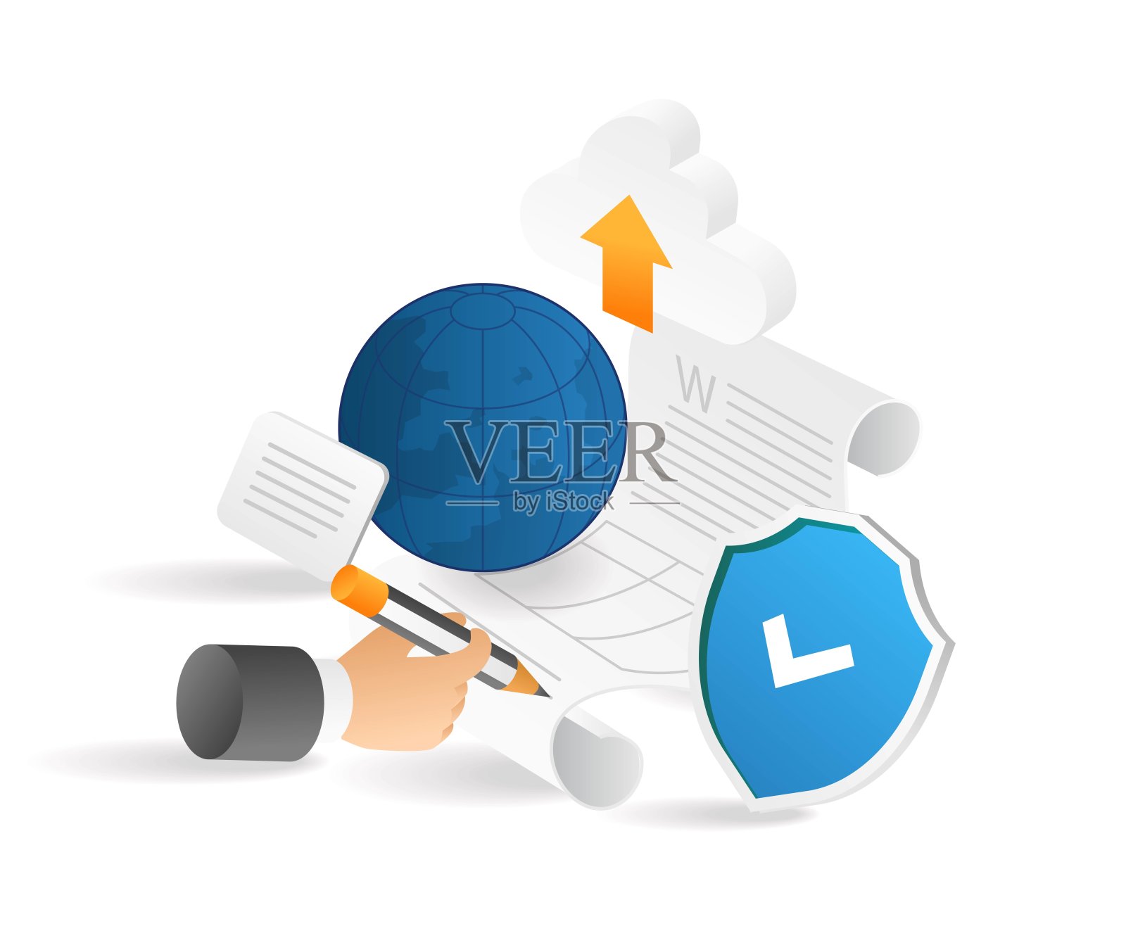 世界之间安全云交易的平面等距3d插图插画图片素材