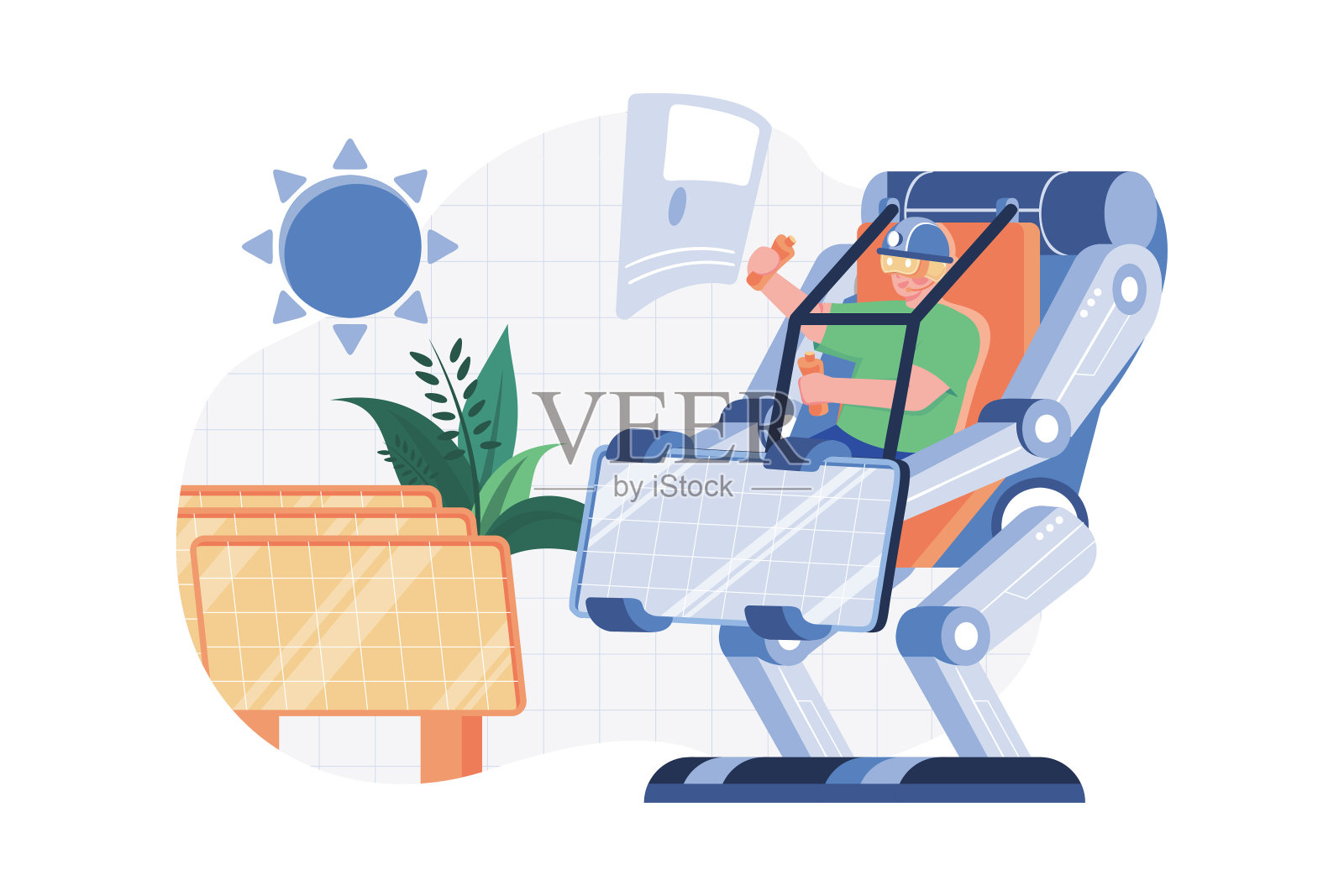 一名男性工程师戴着虚拟现实(vr)头戴式耳机，正在办公室检查太阳能电池板项目插画图片素材