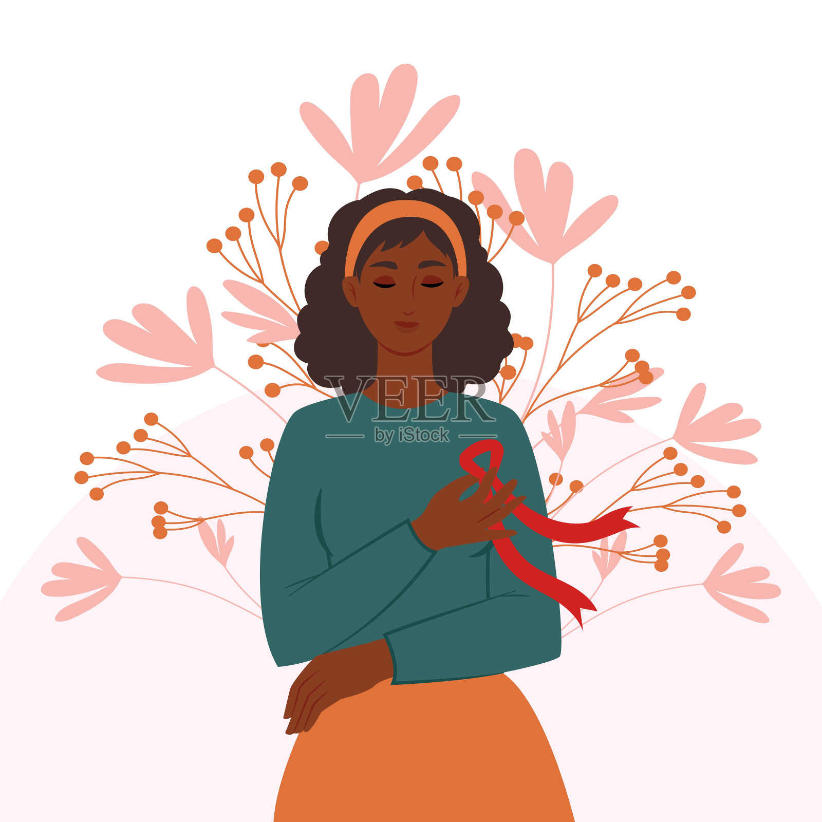 胸前系着红丝带的非洲裔妇女是抗击艾滋病的象征。预防艾滋病毒感染的概念。矢量平面图插画图片素材