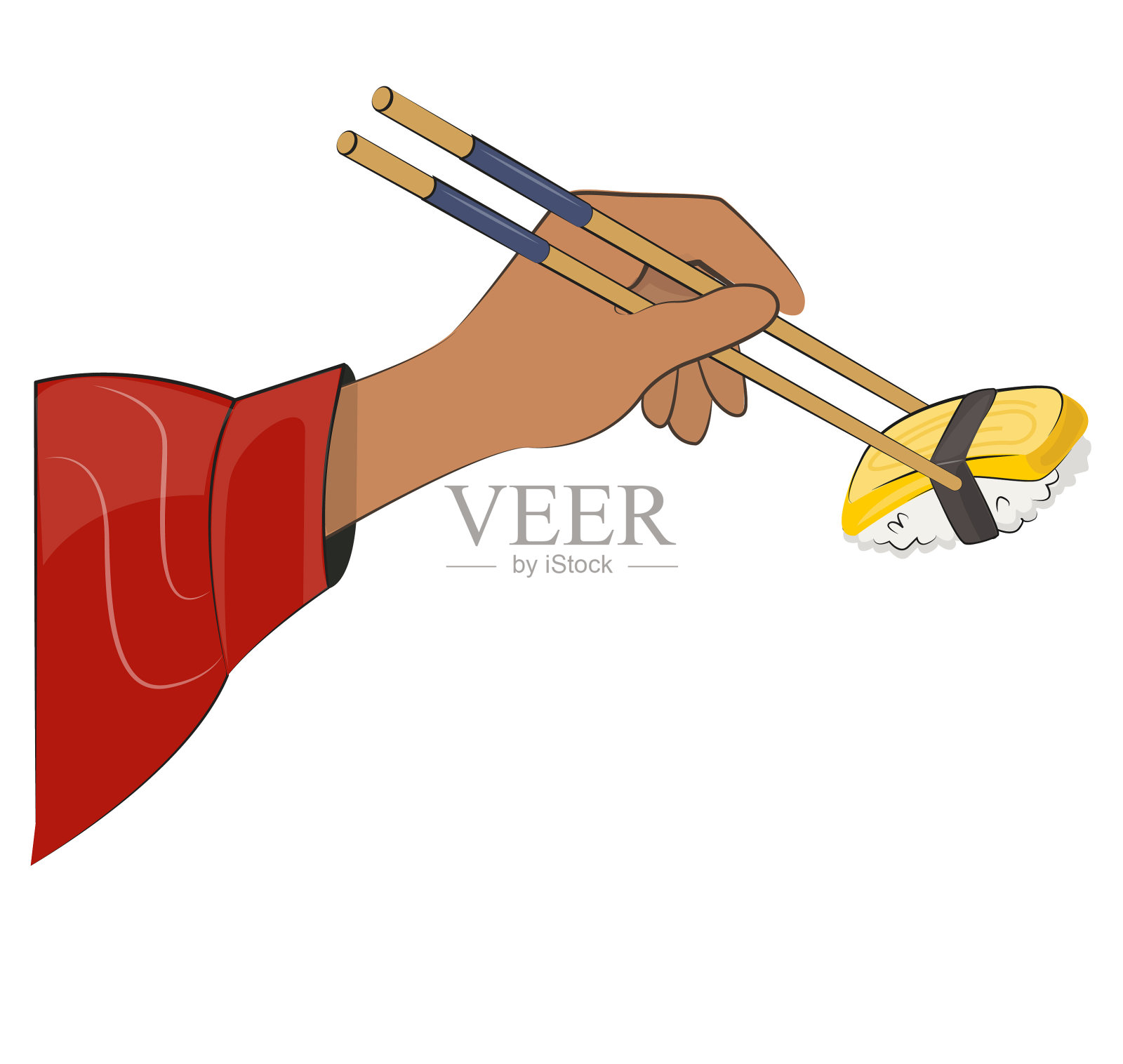 日本料理，手拿筷子，亚洲料理。餐厅的菜单和海报。运送地点矢量平面插图孤立在白色背景上。寿司卷饭团酱油套装。股票的照片插画图片素材