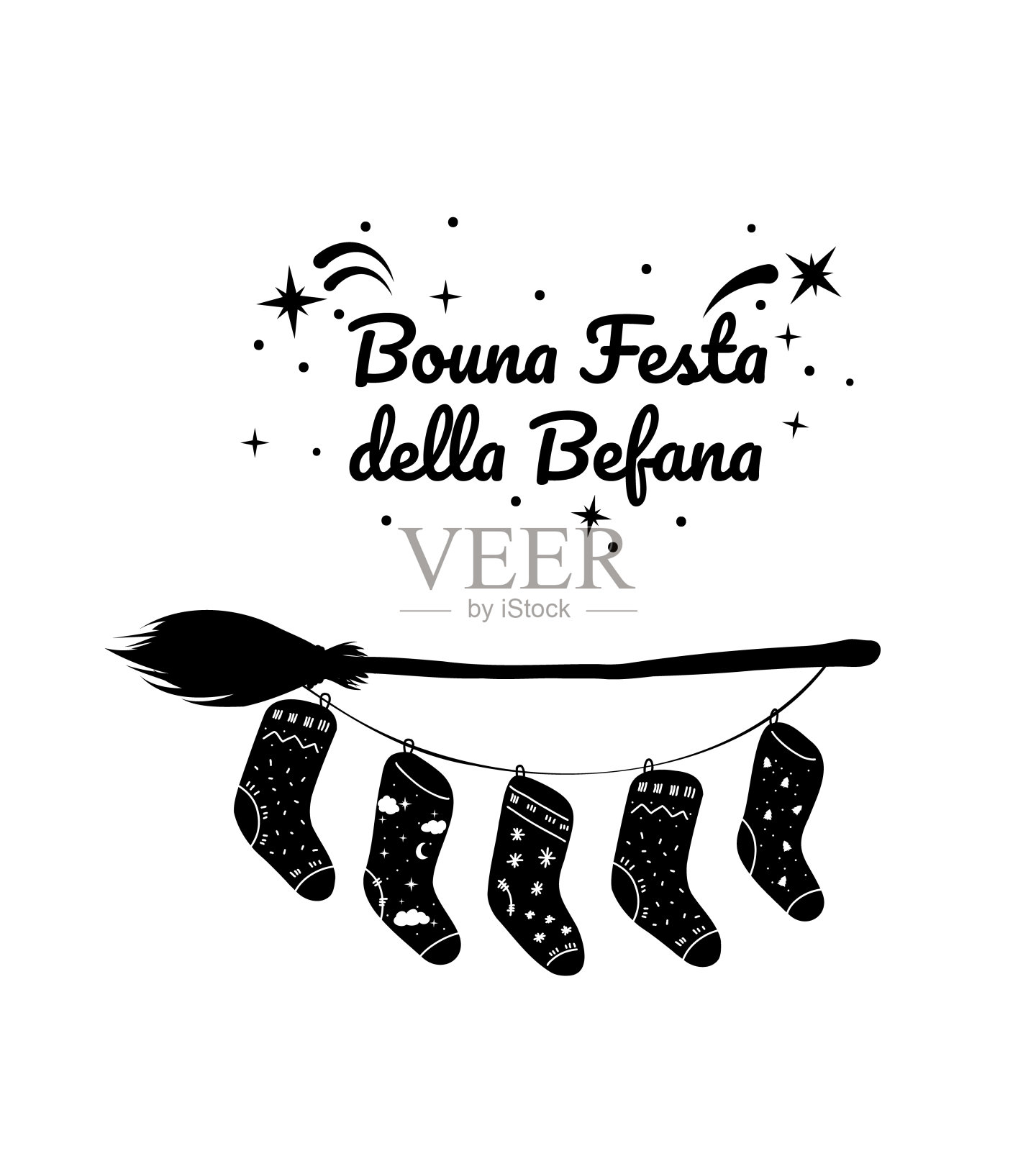 祝福卡，主显节，飞天扫帚和袜子插画图片素材