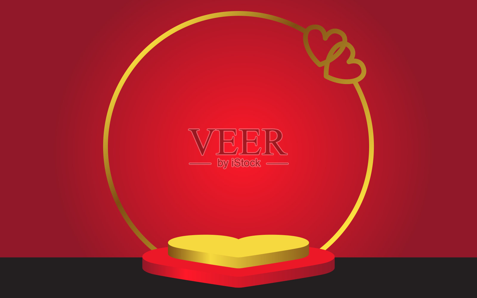 现实的红色和金色心脏三维圆柱基座基座与金戒指。最小的情人节快乐场景为产品演示插画图片素材