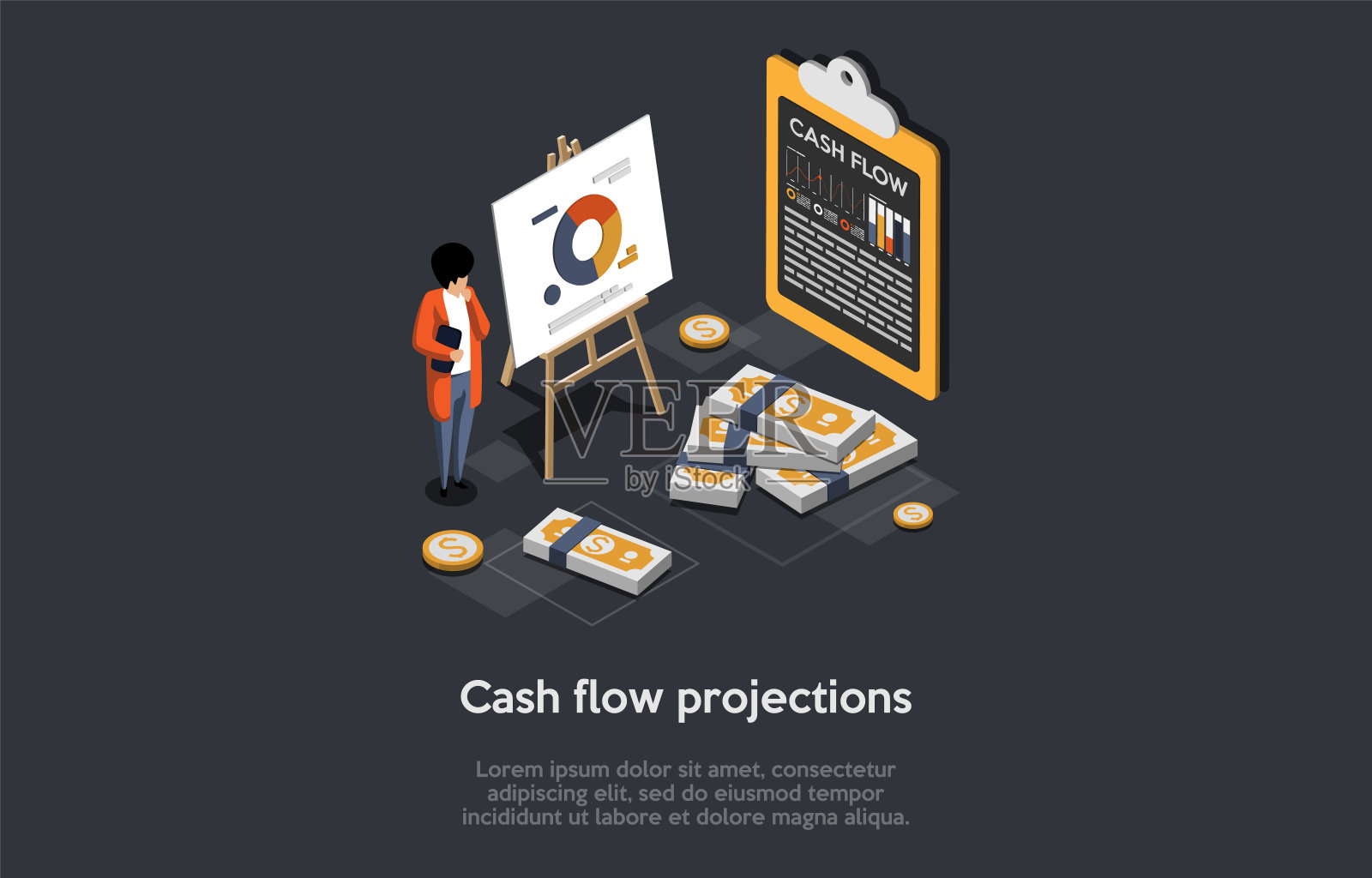 个人现金流预测的概念。男子金融分析师站在桌子旁边，拿着图表做演示。男性角色进行财务预测。等距3d卡通矢量插图插画图片素材