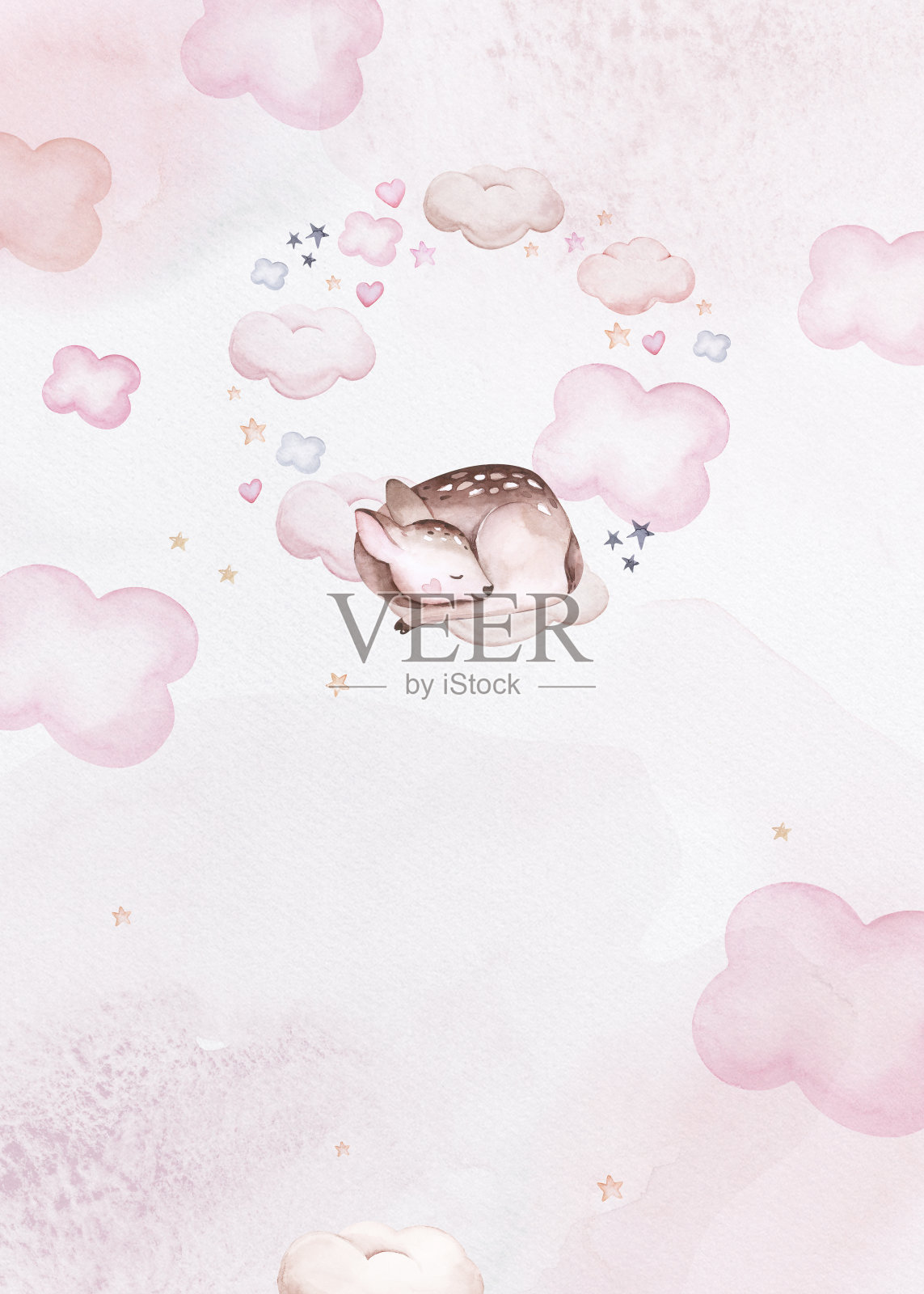 水彩手绘插图的一个可爱的婴儿鹿，小鹿睡在月亮和云。婴儿淋浴主题邀请生日模板插画图片素材