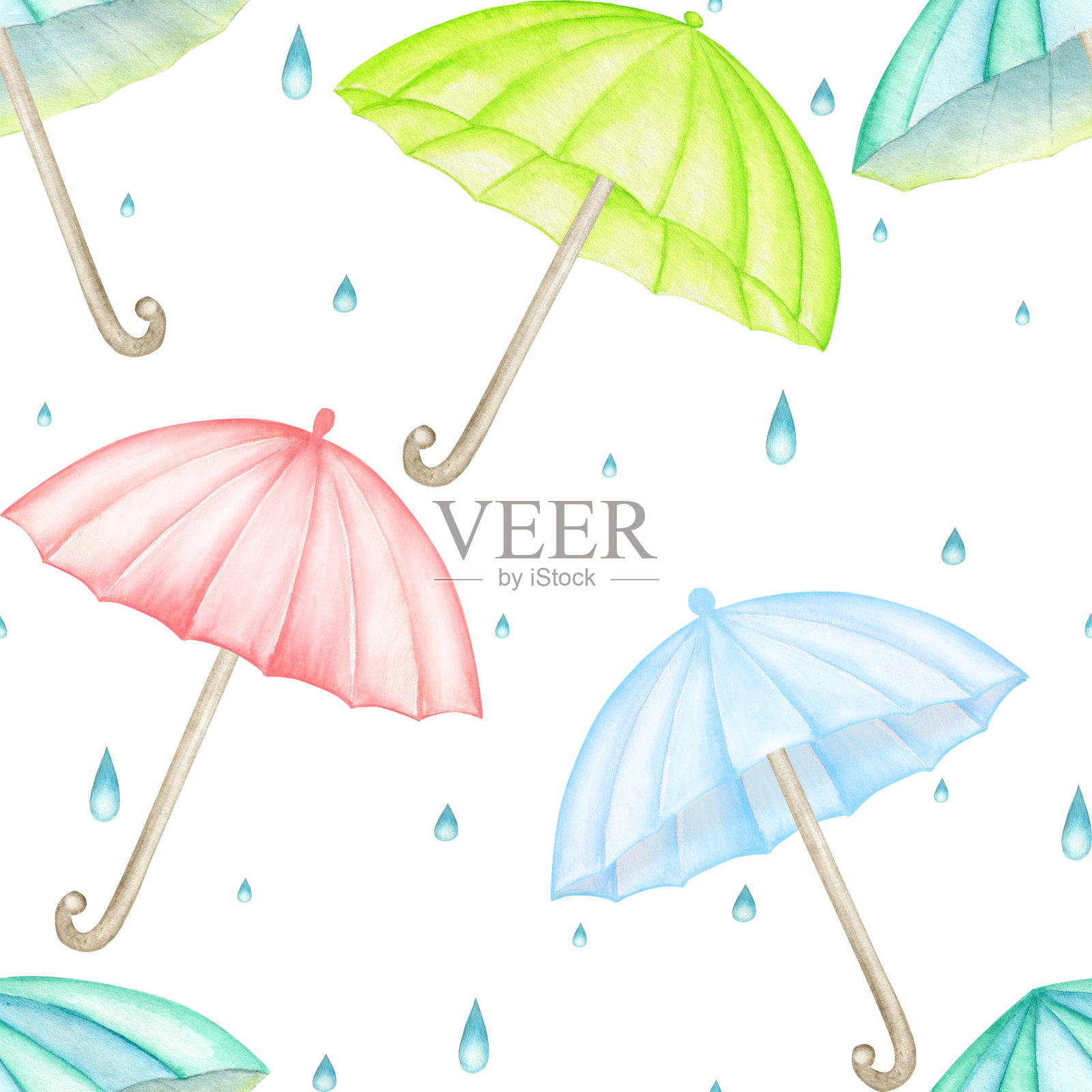 雨伞，雨滴，水彩无缝的图案，在一个孤立的背景。插画图片素材