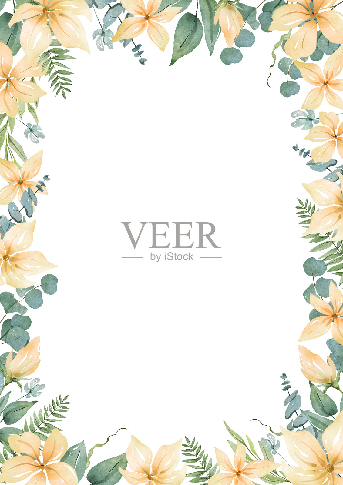 水彩黄色花卉和绿色植物框架插画图片素材