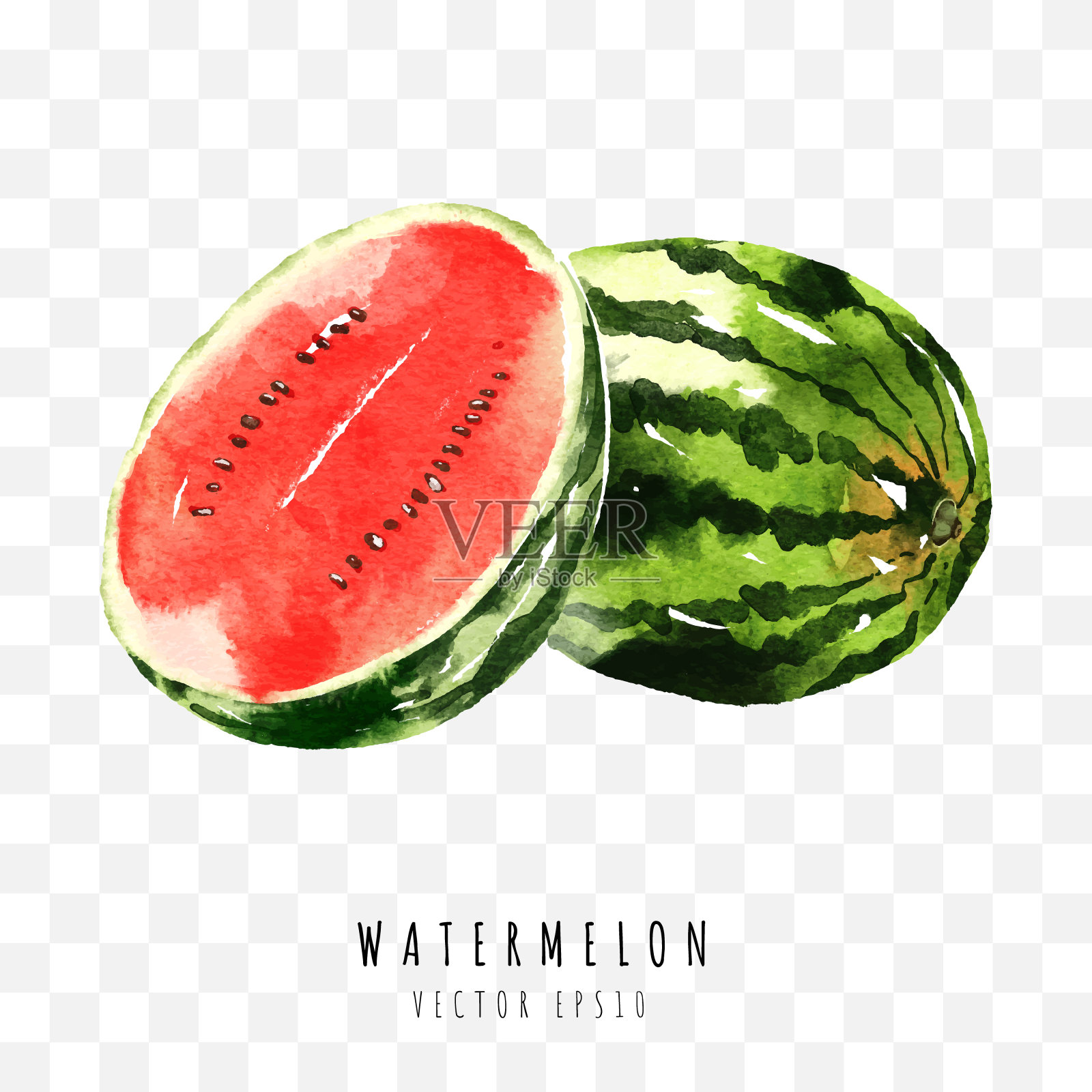西瓜手绘水彩画孤立在白色背景，矢量插图设计元素图片