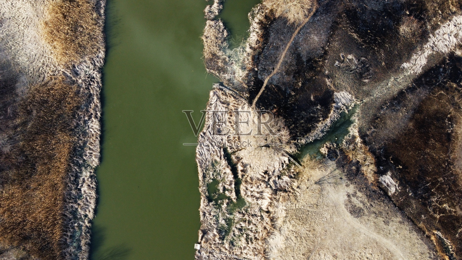 从高处俯瞰空间的自然风光，深绿色的河水，河岸附近的植被照片摄影图片