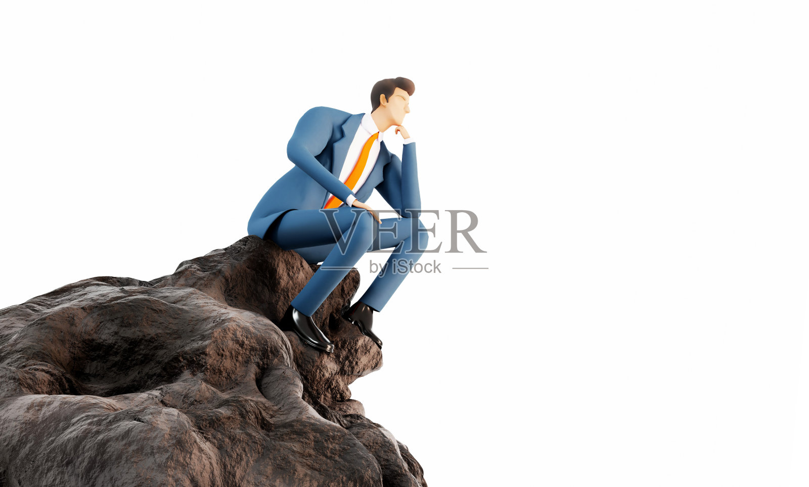 西装革履的成功商人坐在岩石山顶。思维的商人。解决问题，分析问题，找到解决方案。三维渲染图照片摄影图片