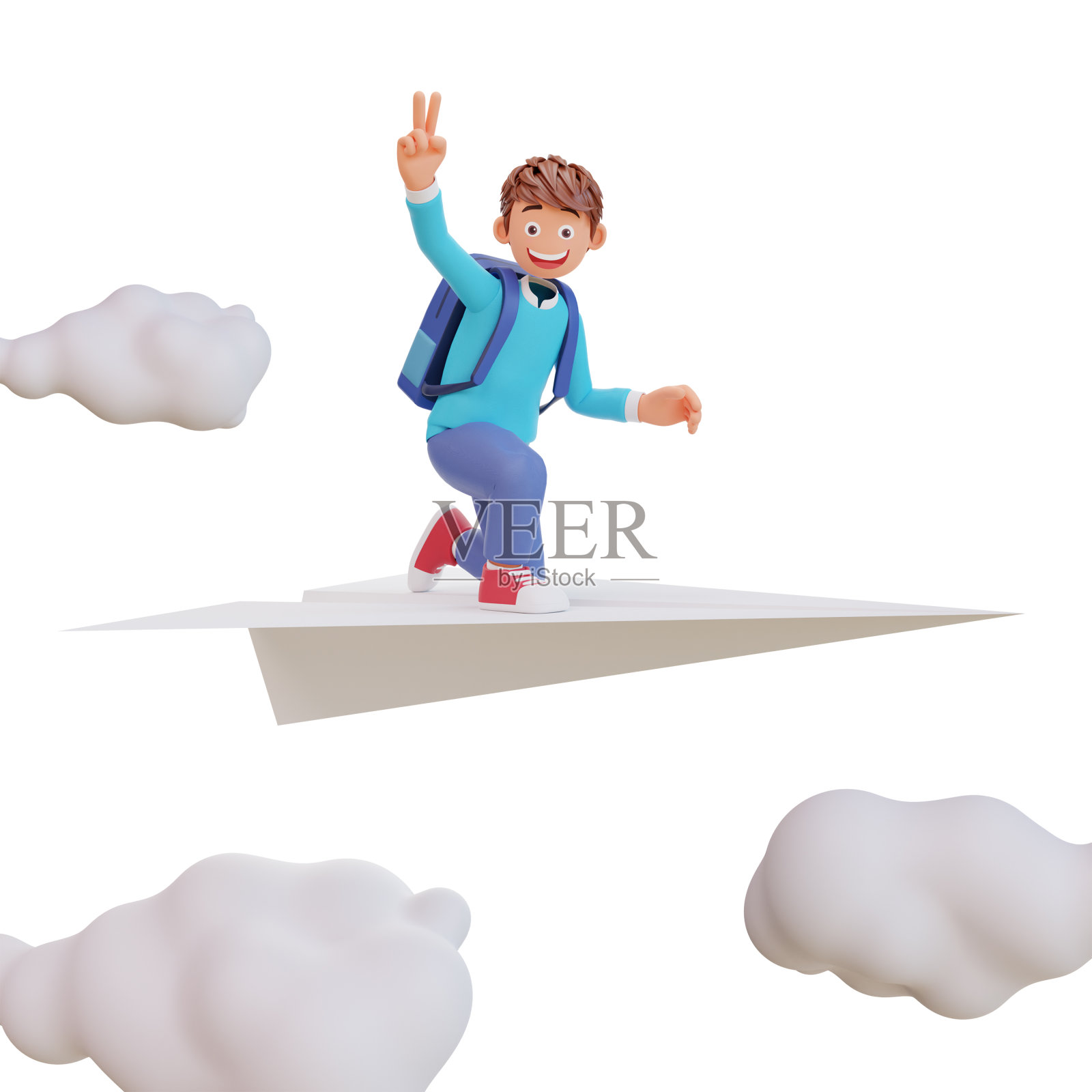 3d插图可爱的男孩坐在纸飞机上照片摄影图片
