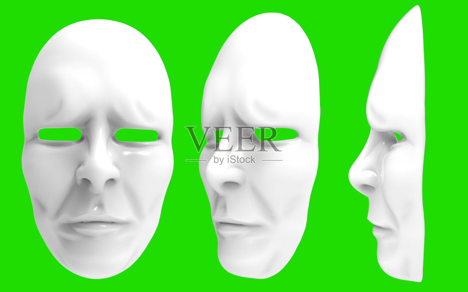 绿幕背景上悲伤的戏剧面具的3d渲染插图。照片摄影图片