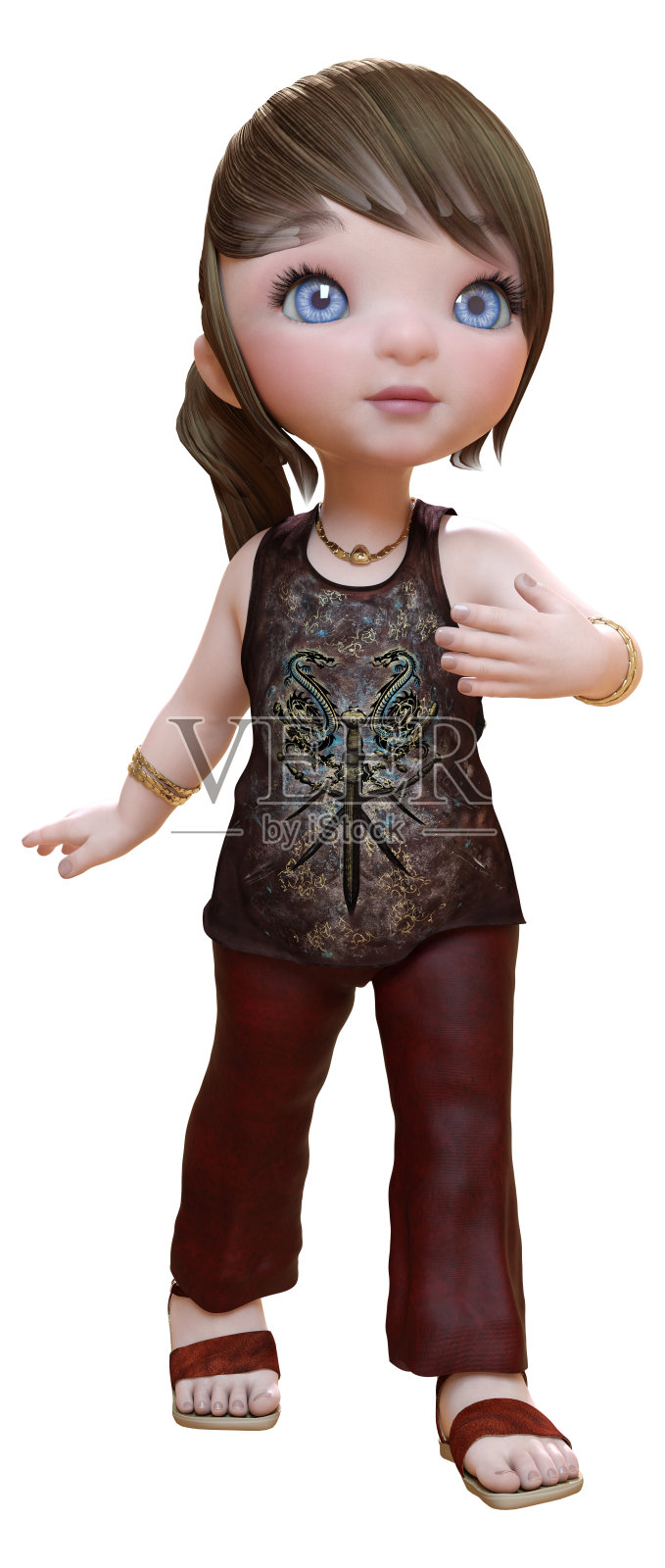 三维渲染卡通女孩在白色插画图片素材