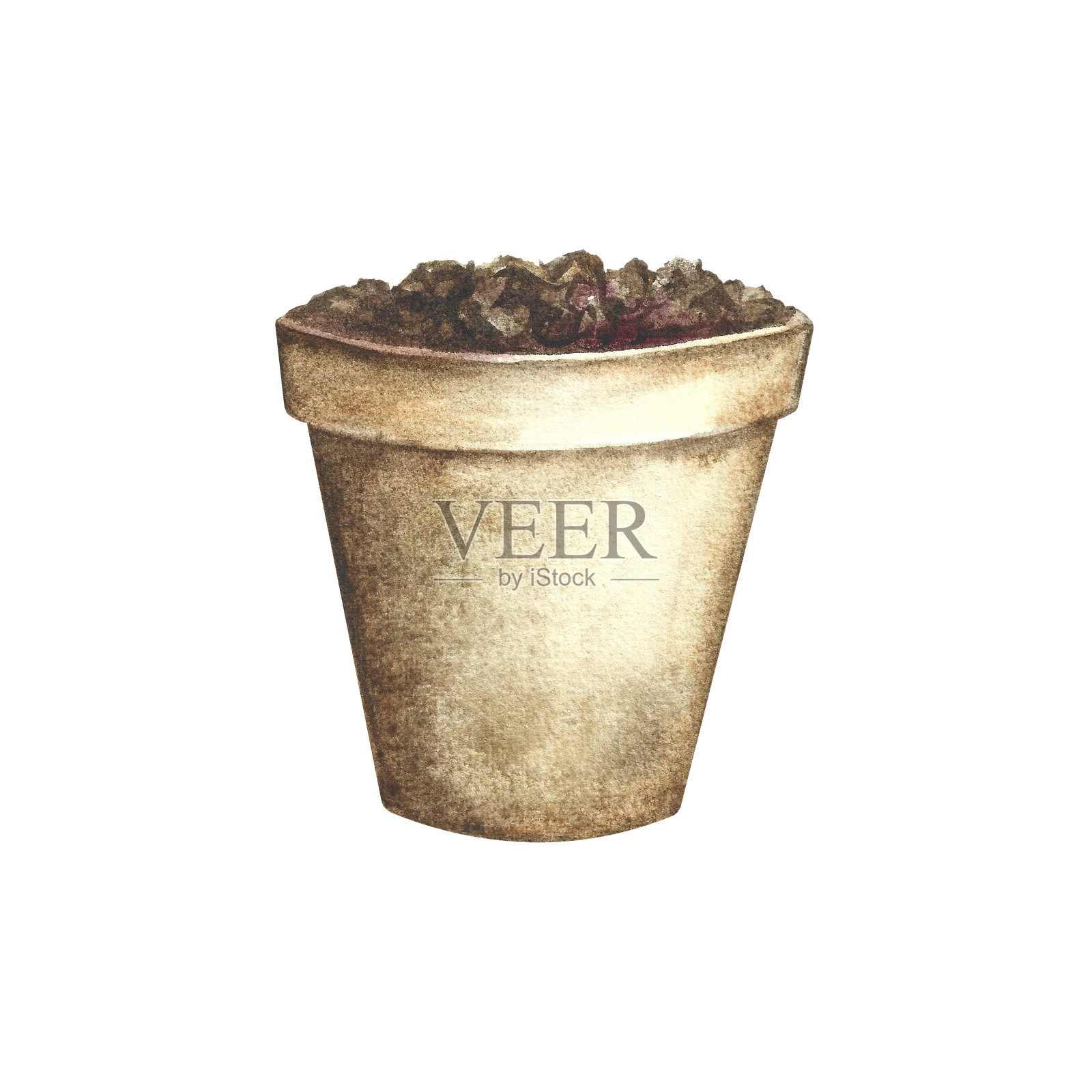 花盆里有土。水彩插图。成分。用于标签和包装。贴纸和印刷品。插画图片素材