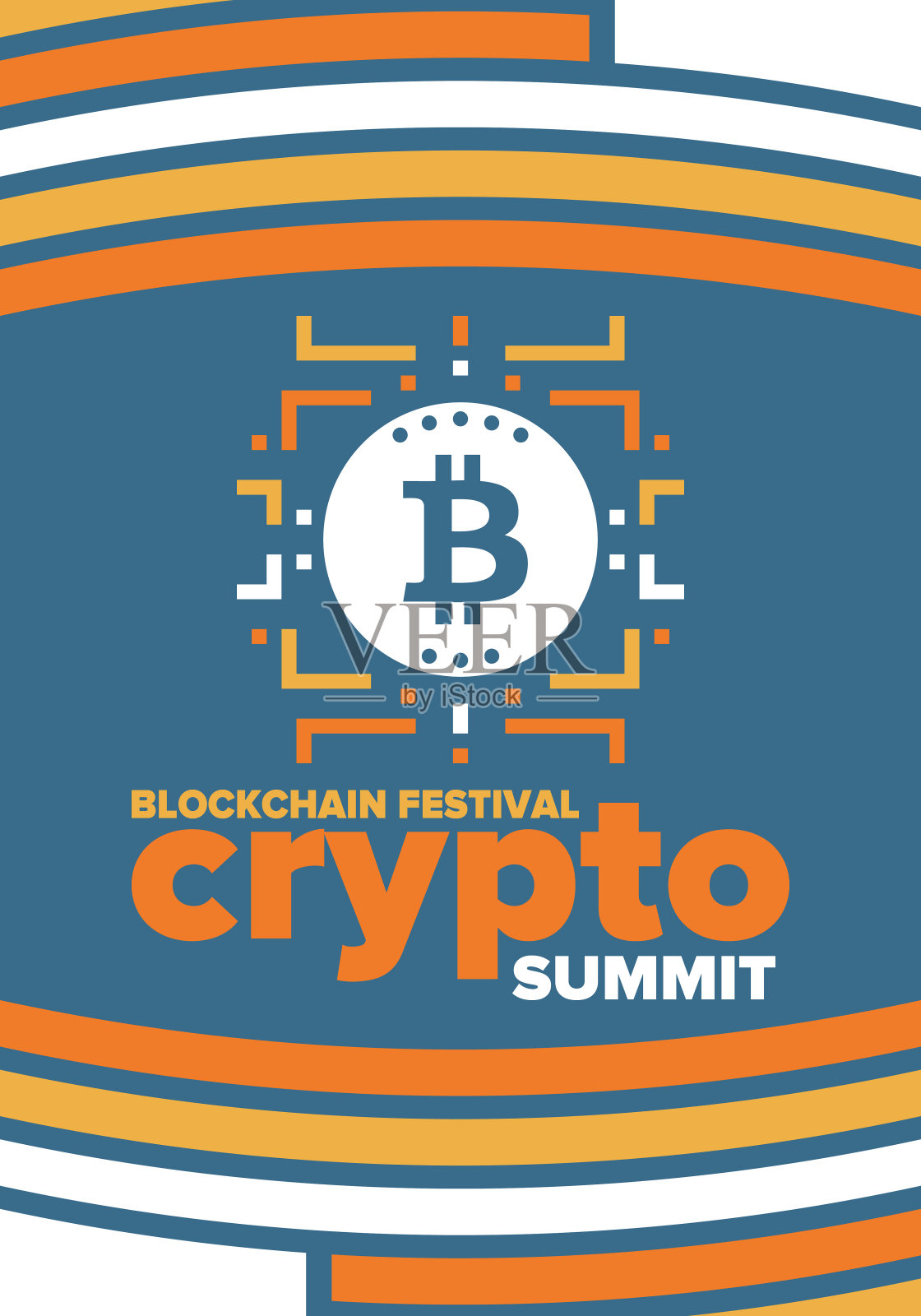 加密峰会。区块链节。数字货币和智能在线技术。金融，银行和商业插图。Cryptocurrency挖掘。比特币的标志。平面设计。向量的海报插画图片素材